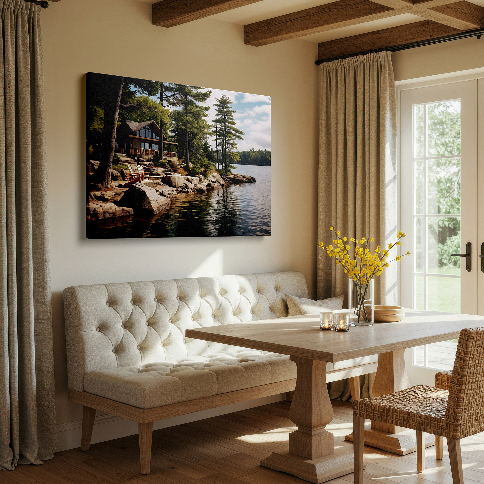 Balanced between two tall indoor plants near a window — rustic cabin retreat by a serene lake surrounded by lush trees - large canvas wall art for home and office decor