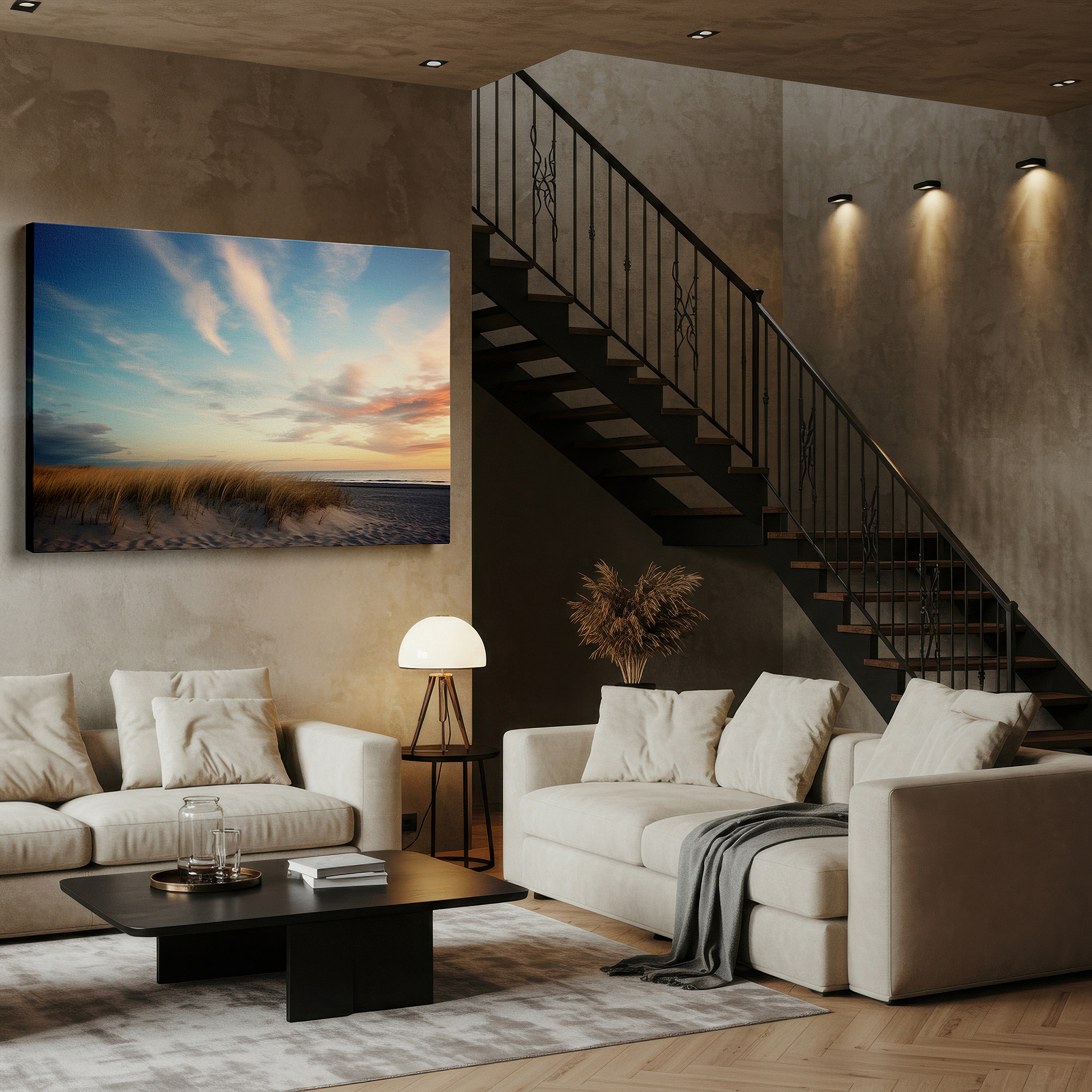 Balanced between two tall indoor plants near a window — serene beach dawn scene with wispy clouds and tranquil sea reflections - large canvas wall art for office and bedroom decor