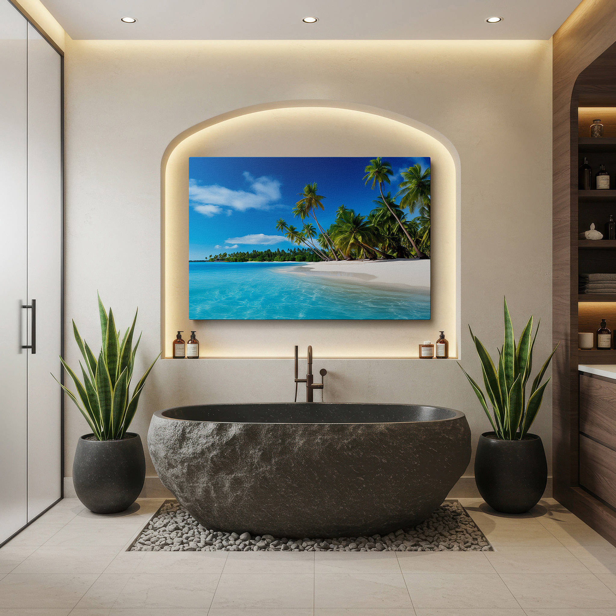 Balanced between two tall indoor plants near a window — serene beach morning with golden sands and blue waters large wall art, canvas wall art, wall decor for office, bedroom, and living room