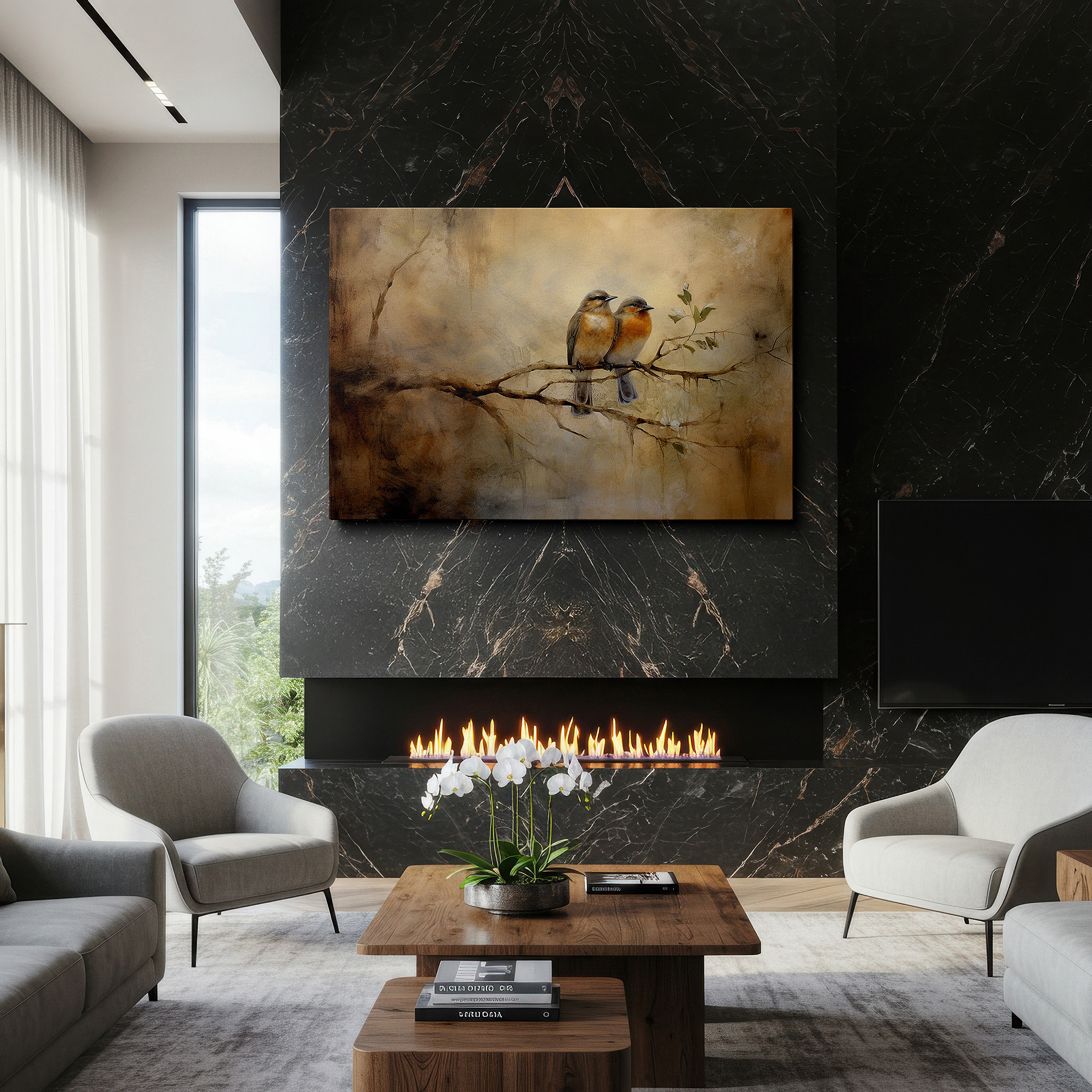 Balanced between two tall indoor plants near a window — serene birds on a branch: a tranquil blend of nature and mysticism - large canvas wall art for office and bedroom decor