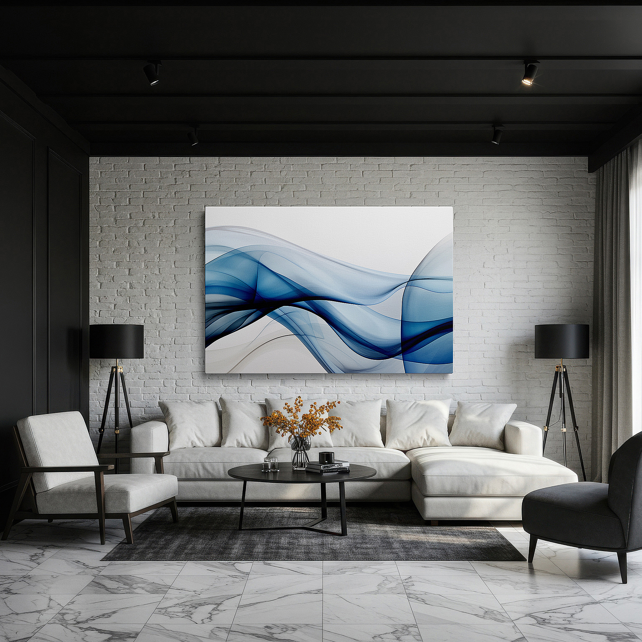 Balanced between two tall indoor plants near a window — serene blue waves: abstract expression in large canvas wall art for office decor