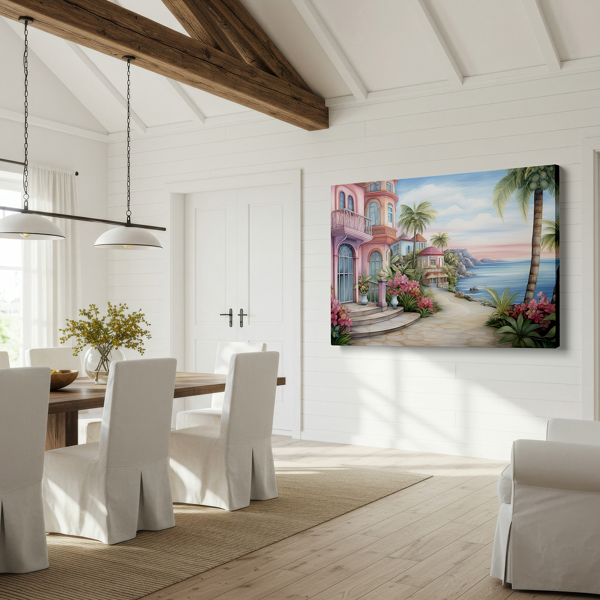 Balanced between two tall indoor plants near a window — serene coastal pathway canvas art featuring lush tropical greenery and charming island homes - perfect for office or bedroom wall decor
