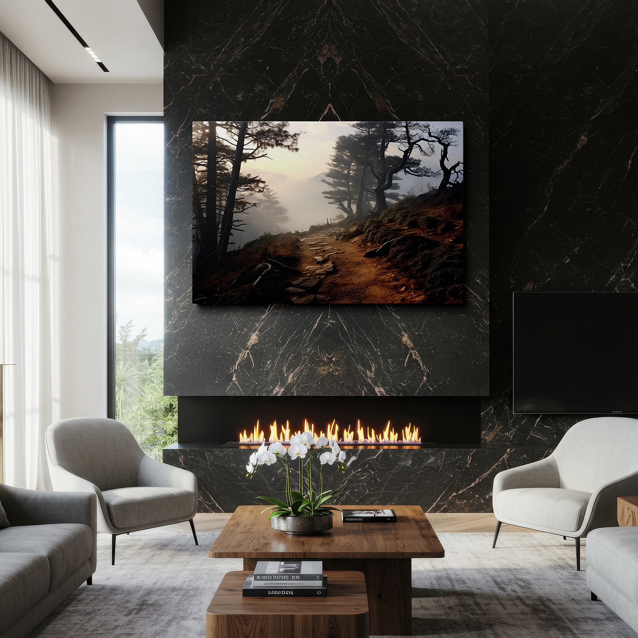 Balanced between two tall indoor plants near a window — serene dawn forest path: a tranquil journey through mist-shrouded trees - large canvas wall art for office decor