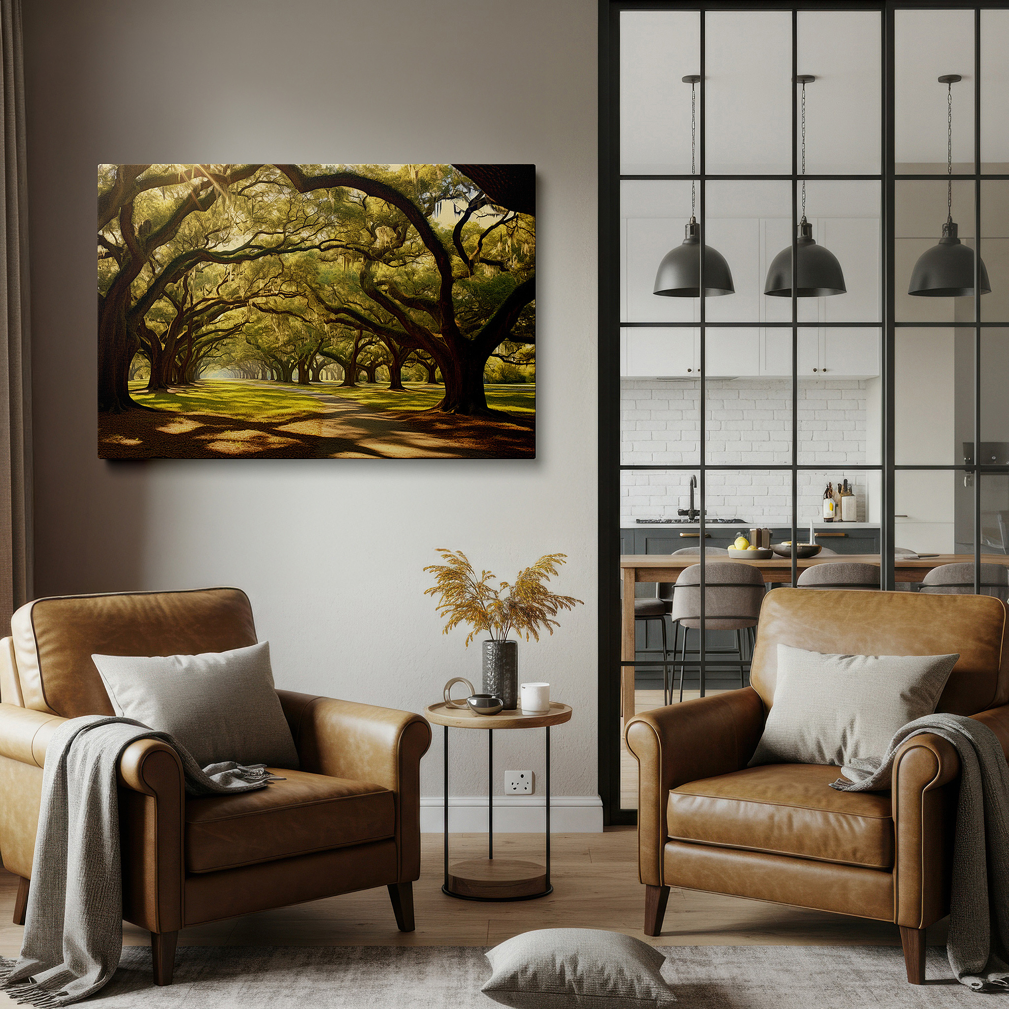 Balanced between two tall indoor plants near a window — serene forest path under majestic oak canopy: a tranquil realm of light and shadow - large canvas wall art for home and office decor