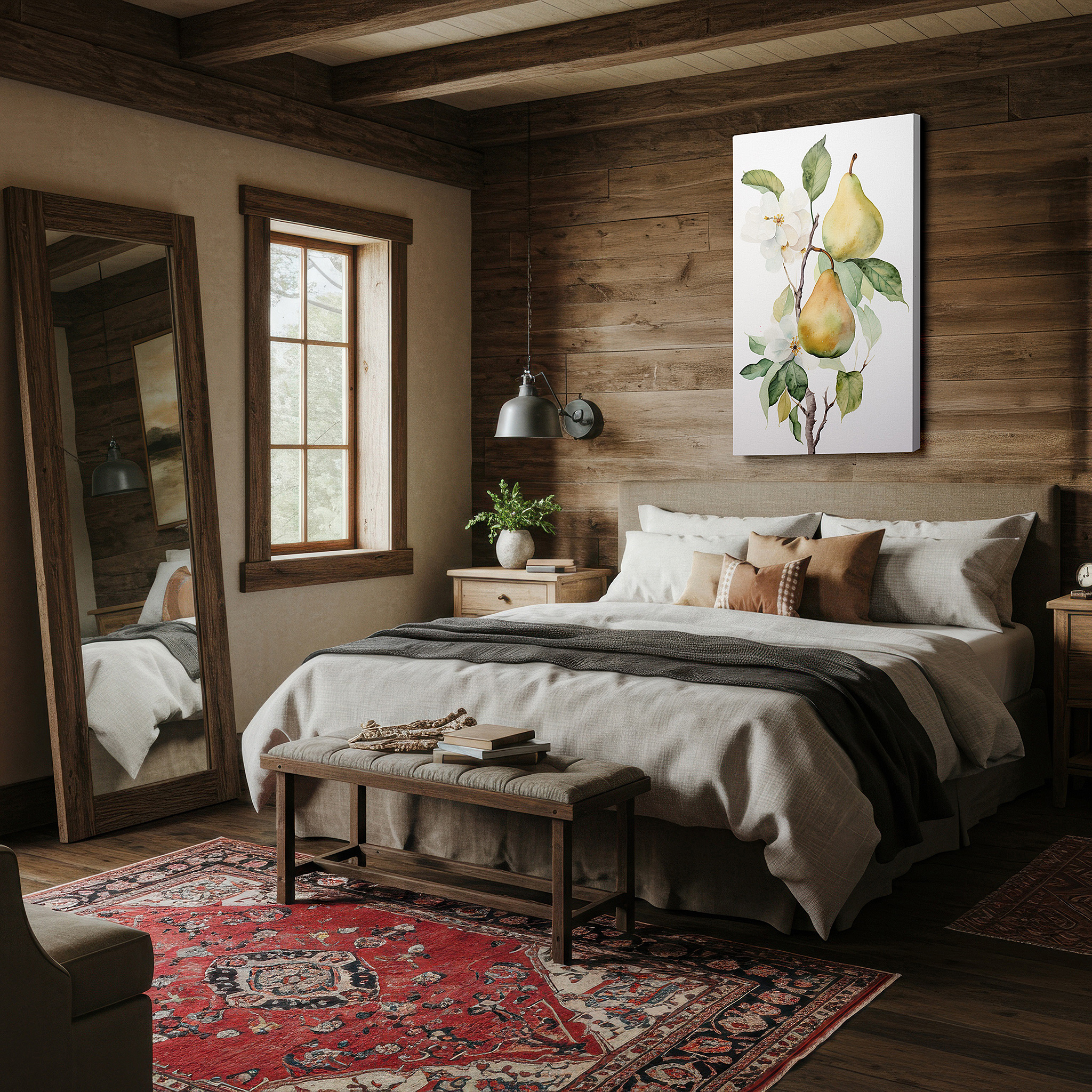 Balanced between two tall indoor plants near a window — serene garden view featuring mature pears and delicate white flowers, oversized wall art, canvas art, decorative wall art for office, bedroom, and living room