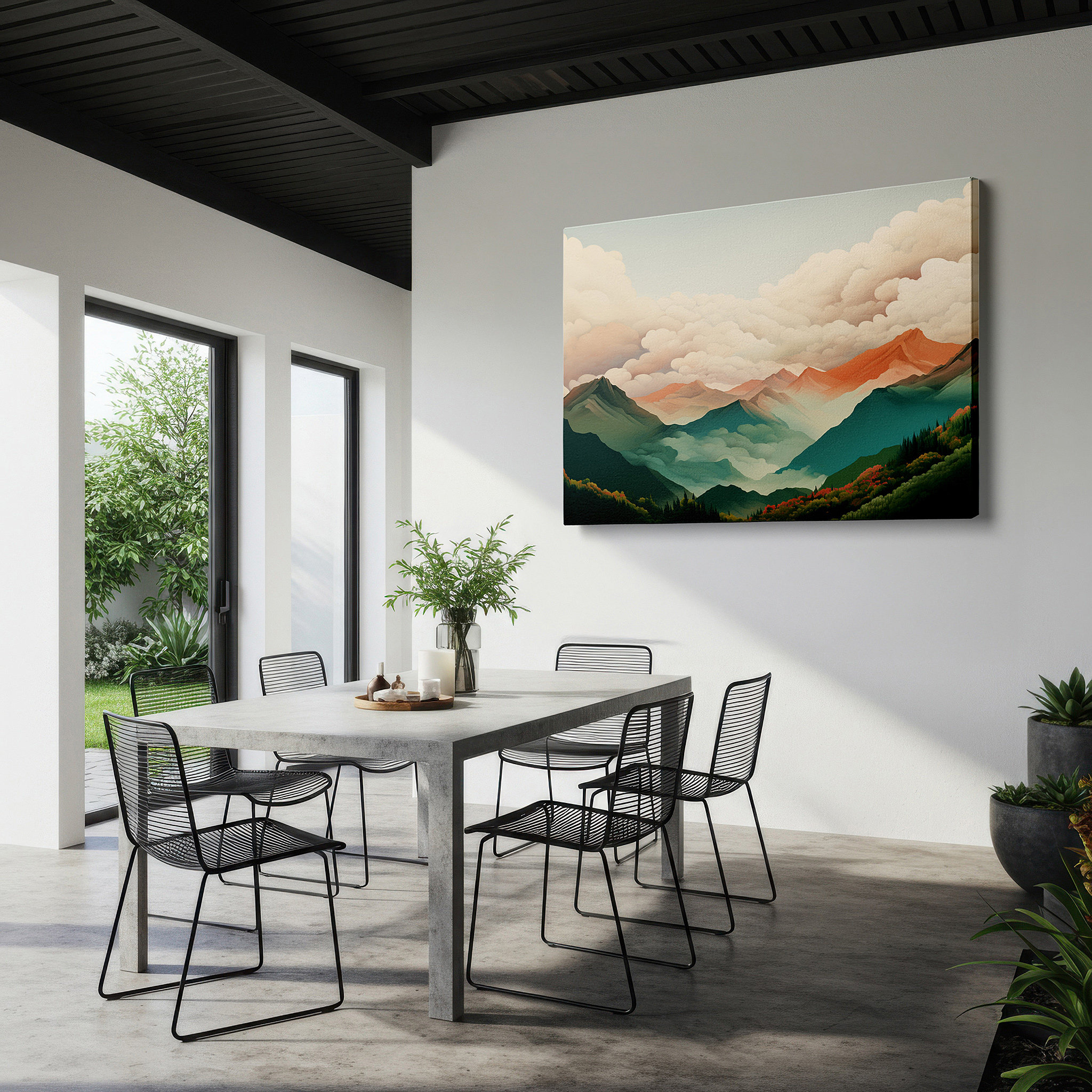 Balanced between two tall indoor plants near a window — serene mountain range surrounded by soft clouds, peaceful large wall art, canvas wall decor for office and bedroom