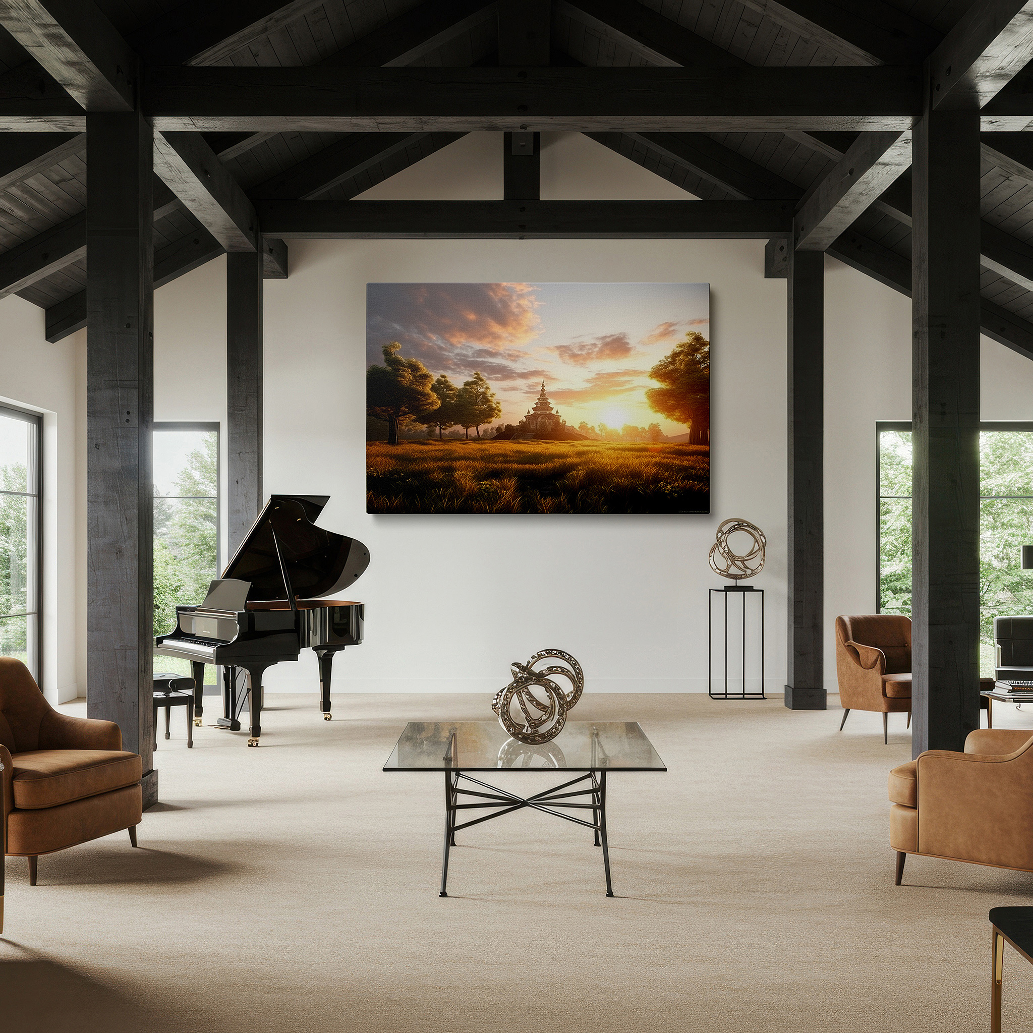 Balanced between two tall indoor plants near a window — serene pagoda amidst lush landscape bathed in sunset's golden light - large canvas wall art for office and bedroom decor