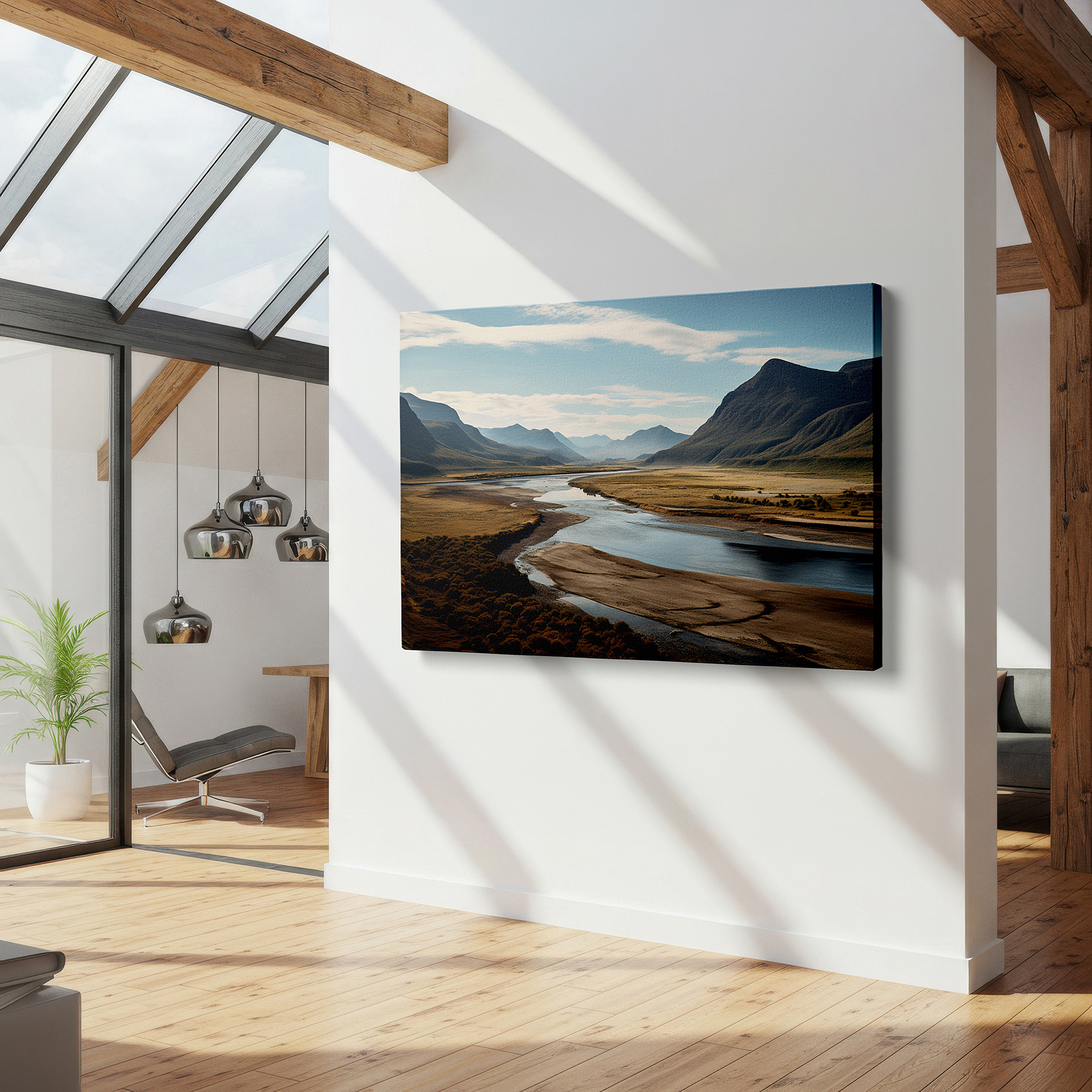 Balanced between two tall indoor plants near a window — serene river and majestic mountains large canvas wall art - lush valley and pristine blue sky wall decor for office