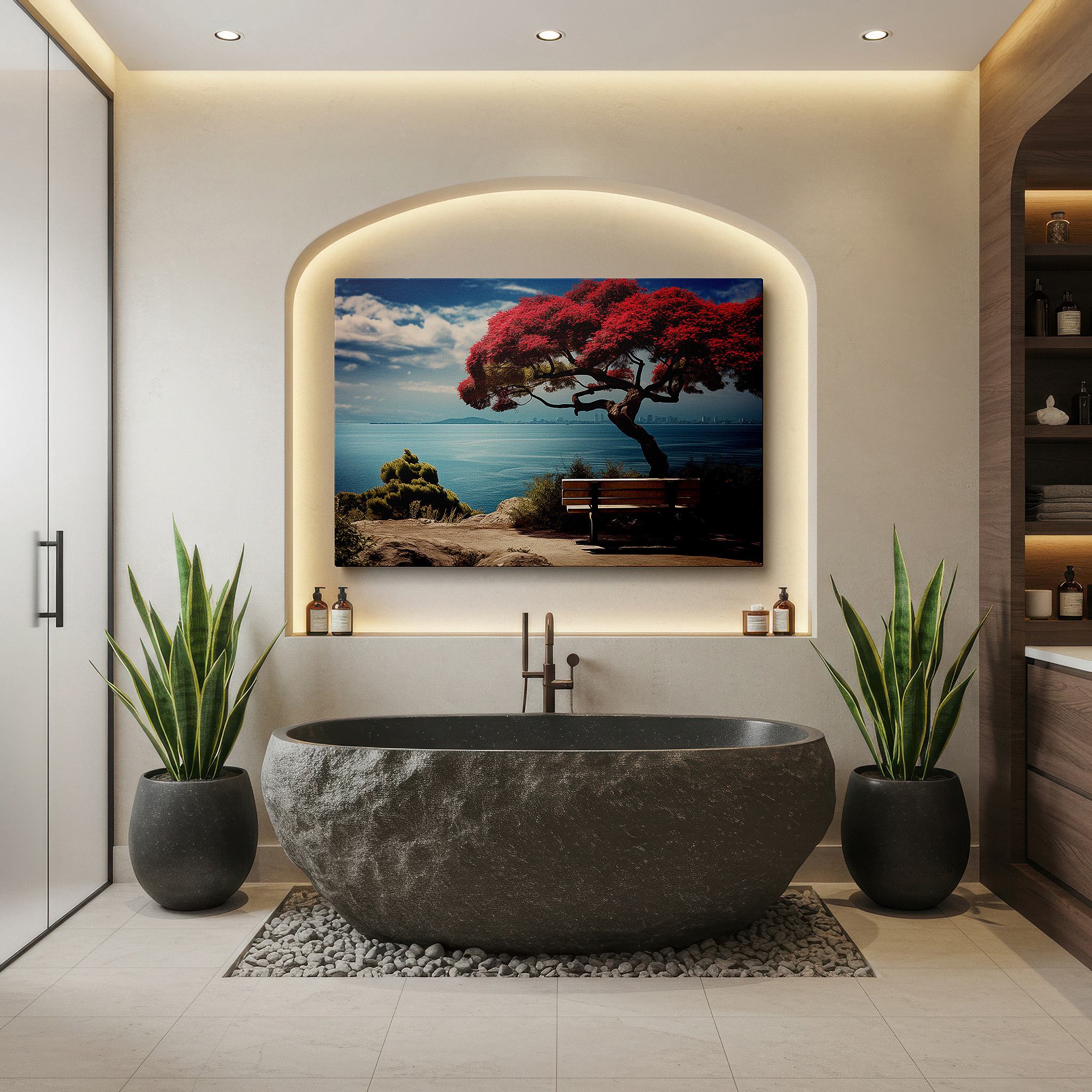 Balanced between two tall indoor plants near a window — serene seaside view with red tree and bench large canvas wall art, decorative wall art for office, bedroom, and living room