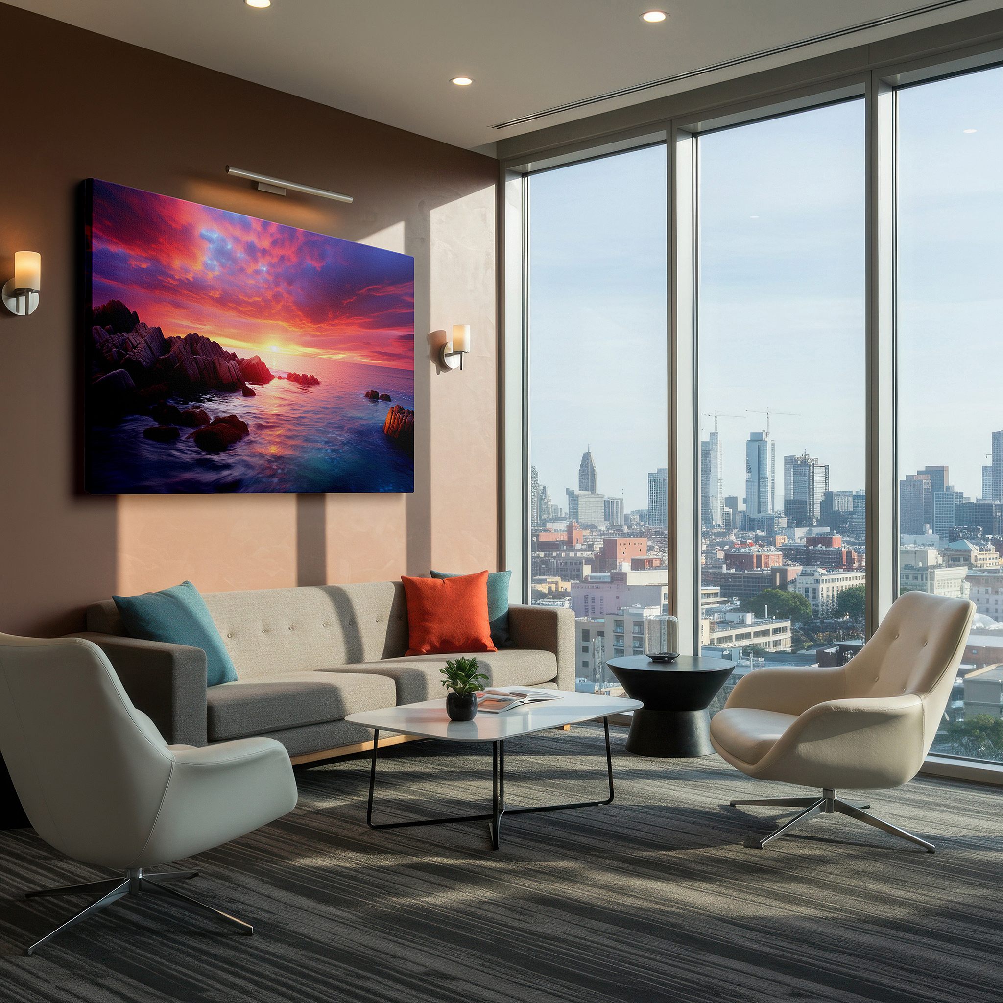 Balanced between two tall indoor plants near a window — serene sunset over calm waters: a vivid display of fiery oranges, deep reds, and soothing purples - large canvas wall art decor