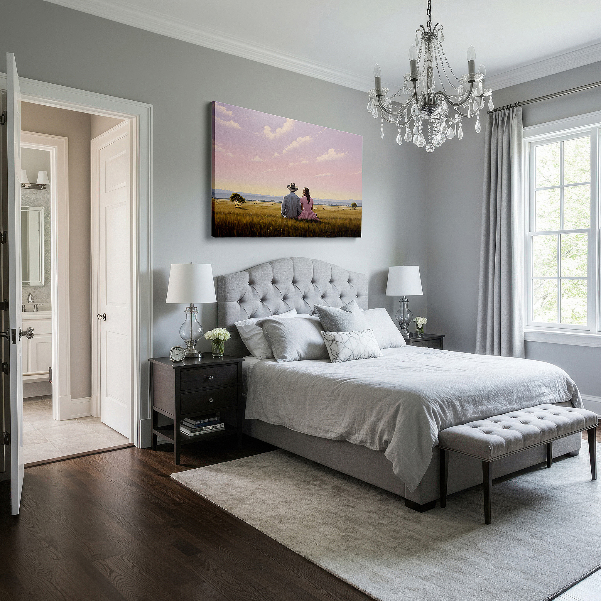 Balanced between two tall indoor plants near a window — serene sunset embrace in a peaceful field, couple's connection amidst natural beauty large wall art, canvas wall art, wall art