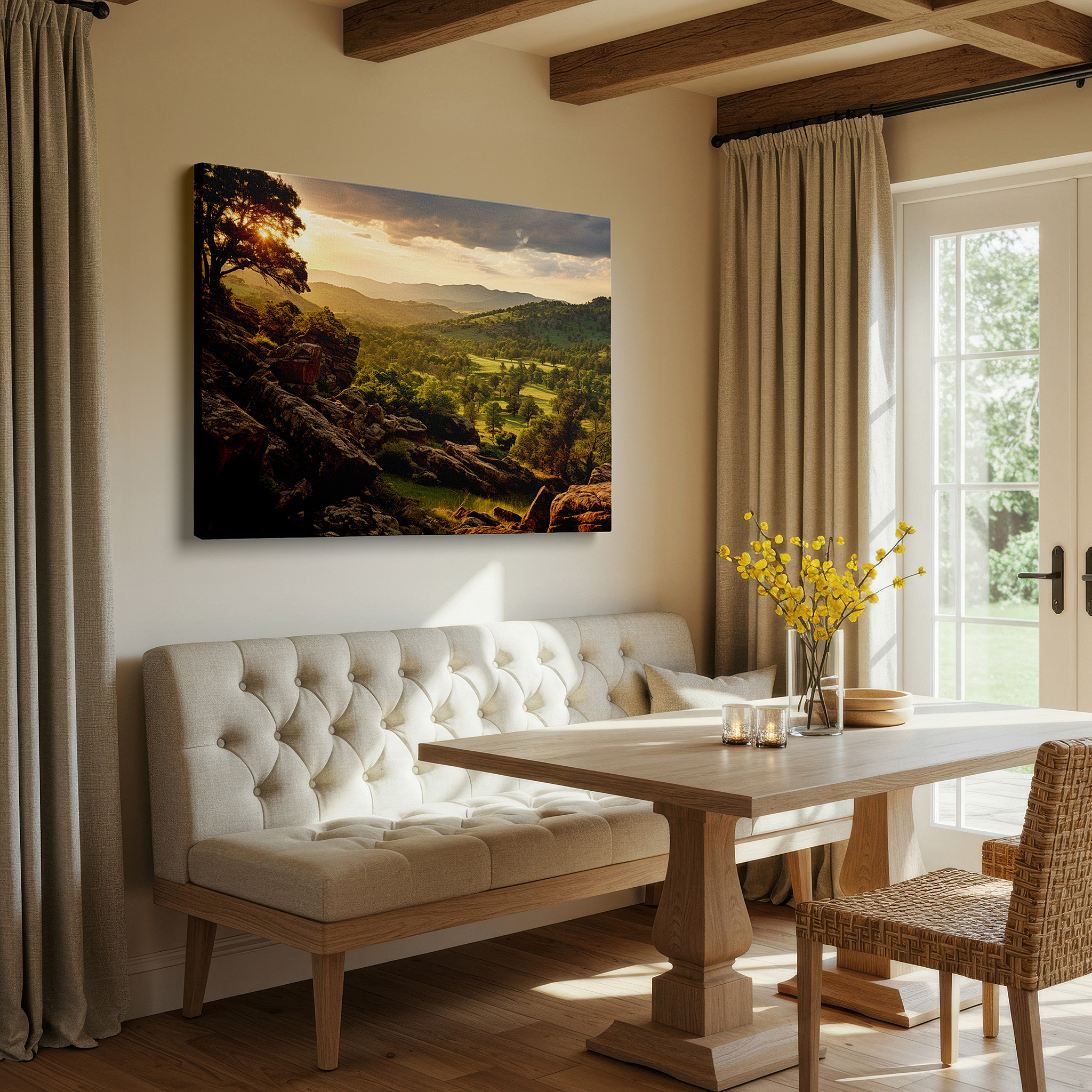 Balanced between two tall indoor plants near a window — serene sunset over rolling hills and rocky sentinels: large canvas wall art for office, bedroom, and living room decor