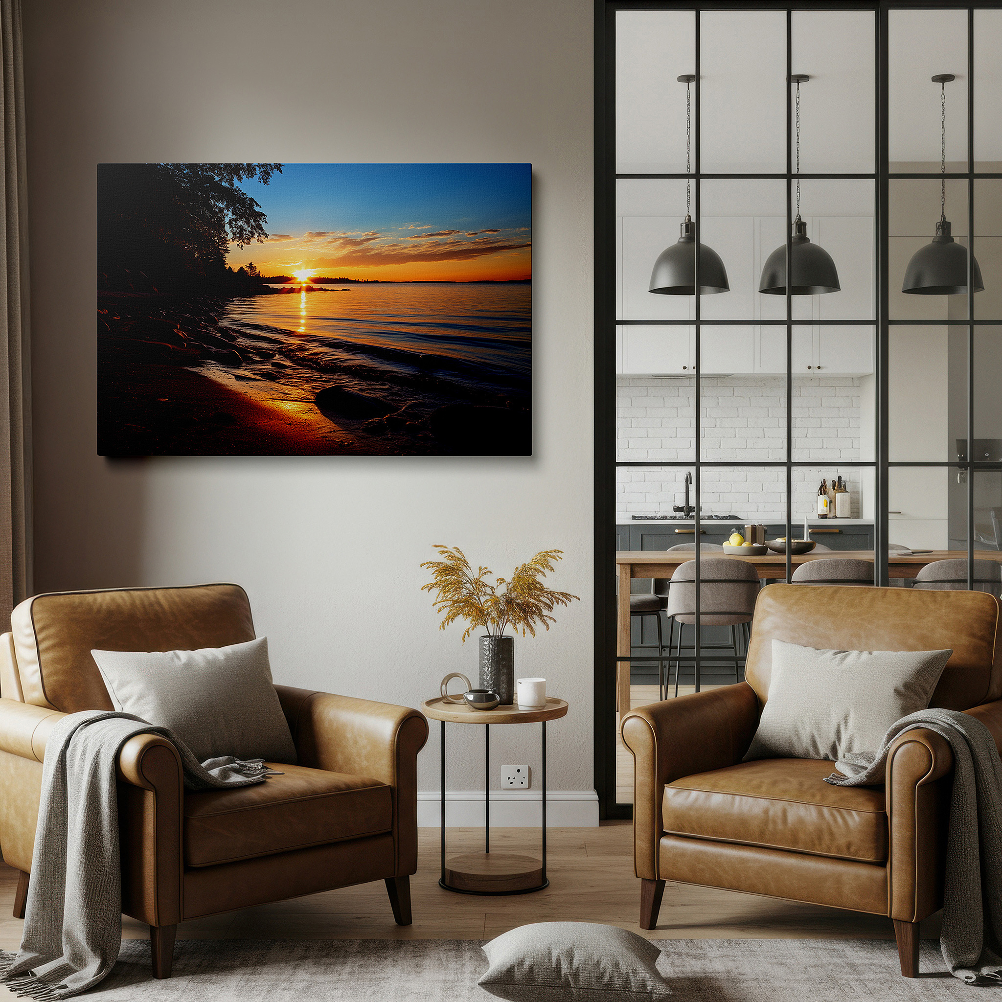 Balanced between two tall indoor plants near a window — serene sunset over tranquil waters: a haven for peace and reflection - large canvas wall art for office and bedroom decor