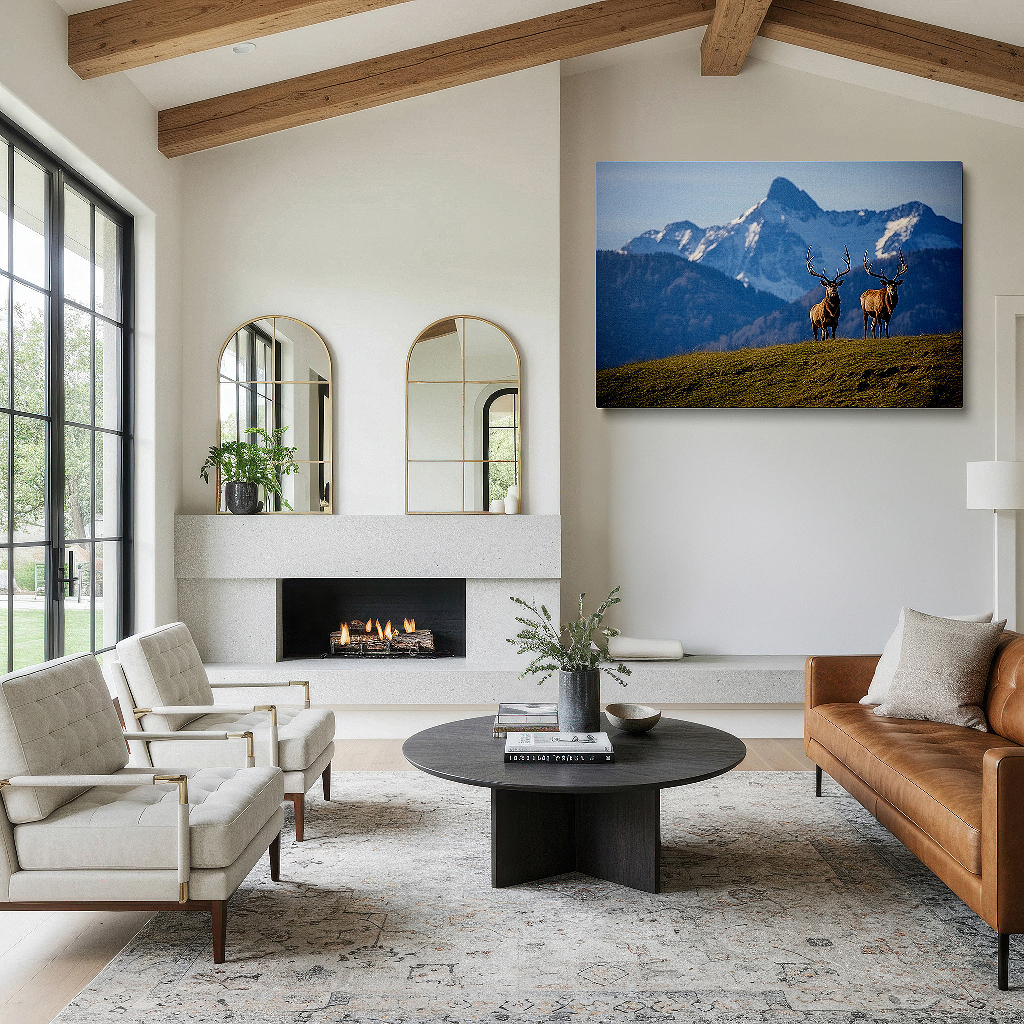 Balanced between two tall indoor plants near a window — serene wilderness and majestic elk large canvas wall art with lush greenery and snow-capped mountains for office and bedroom decor