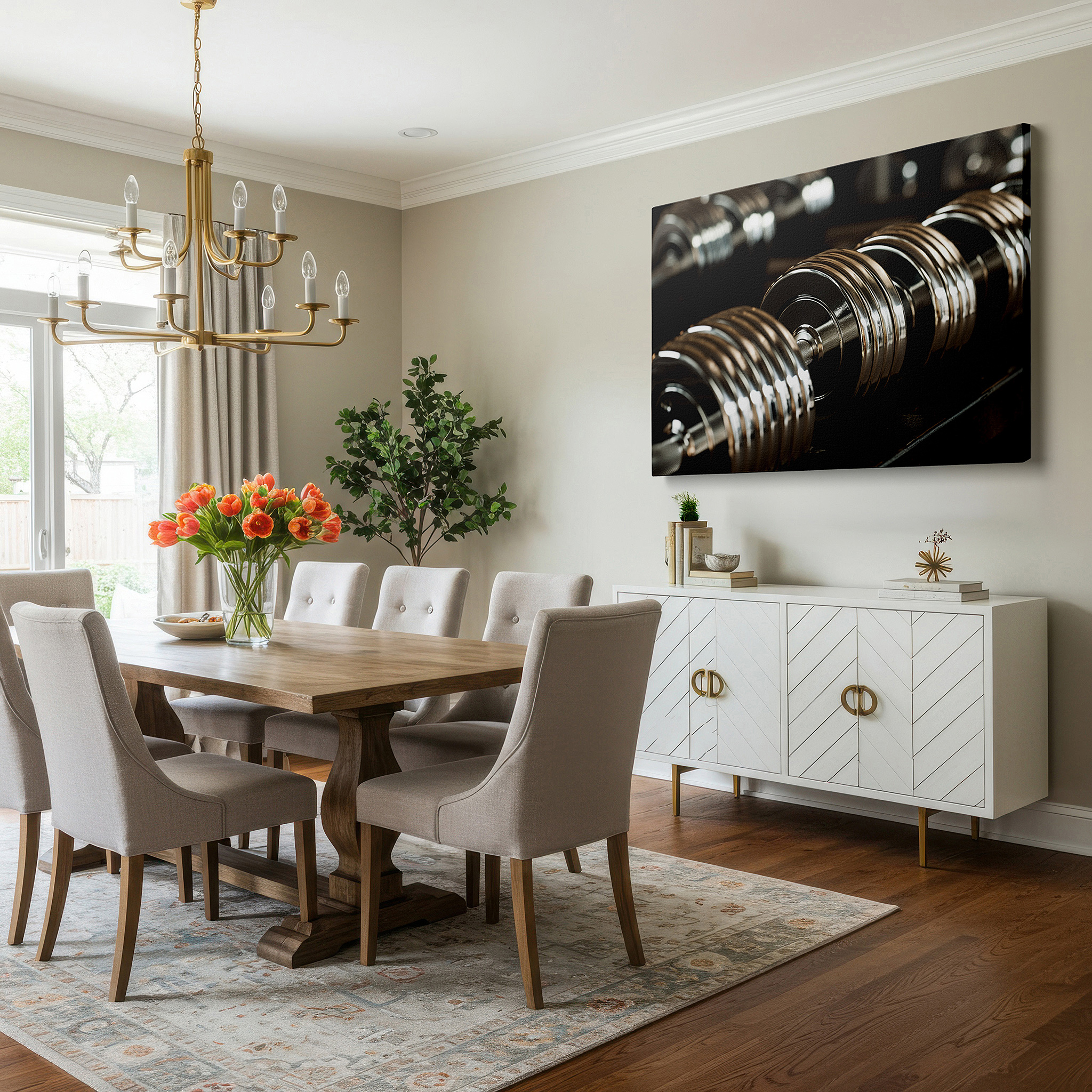 Balanced between two tall indoor plants near a window — shiny dumbbells showcased - emblematic of discipline and advancement in fitness, large wall art, canvas wall art, wall decor for office and bedroom