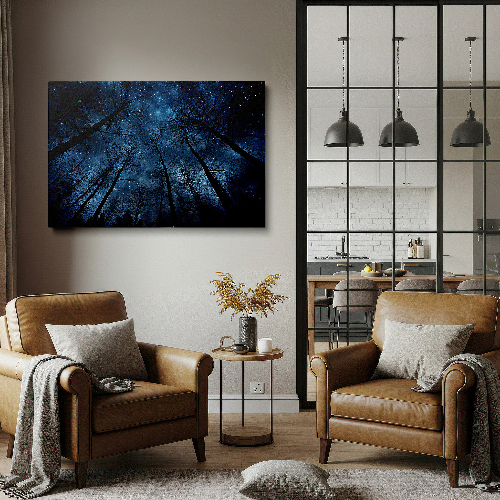 Balanced between two tall indoor plants near a window — starlit sky and silhouetted trees: reflecting on the vastness of the universe and existential solitude - large wall art, canvas wall art, office wall decor