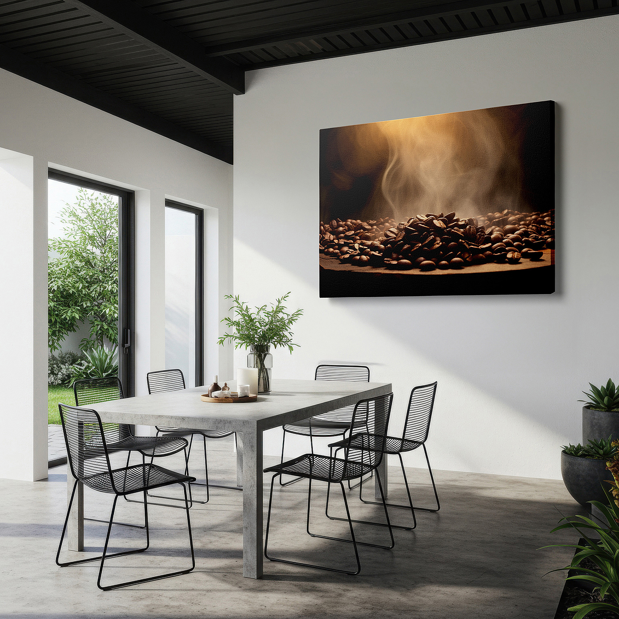 Balanced between two tall indoor plants near a window — steamy coffee beans on rustic wood: a sensory journey of warmth and aroma - large wall art, canvas wall art, wall decor for office and bedroom