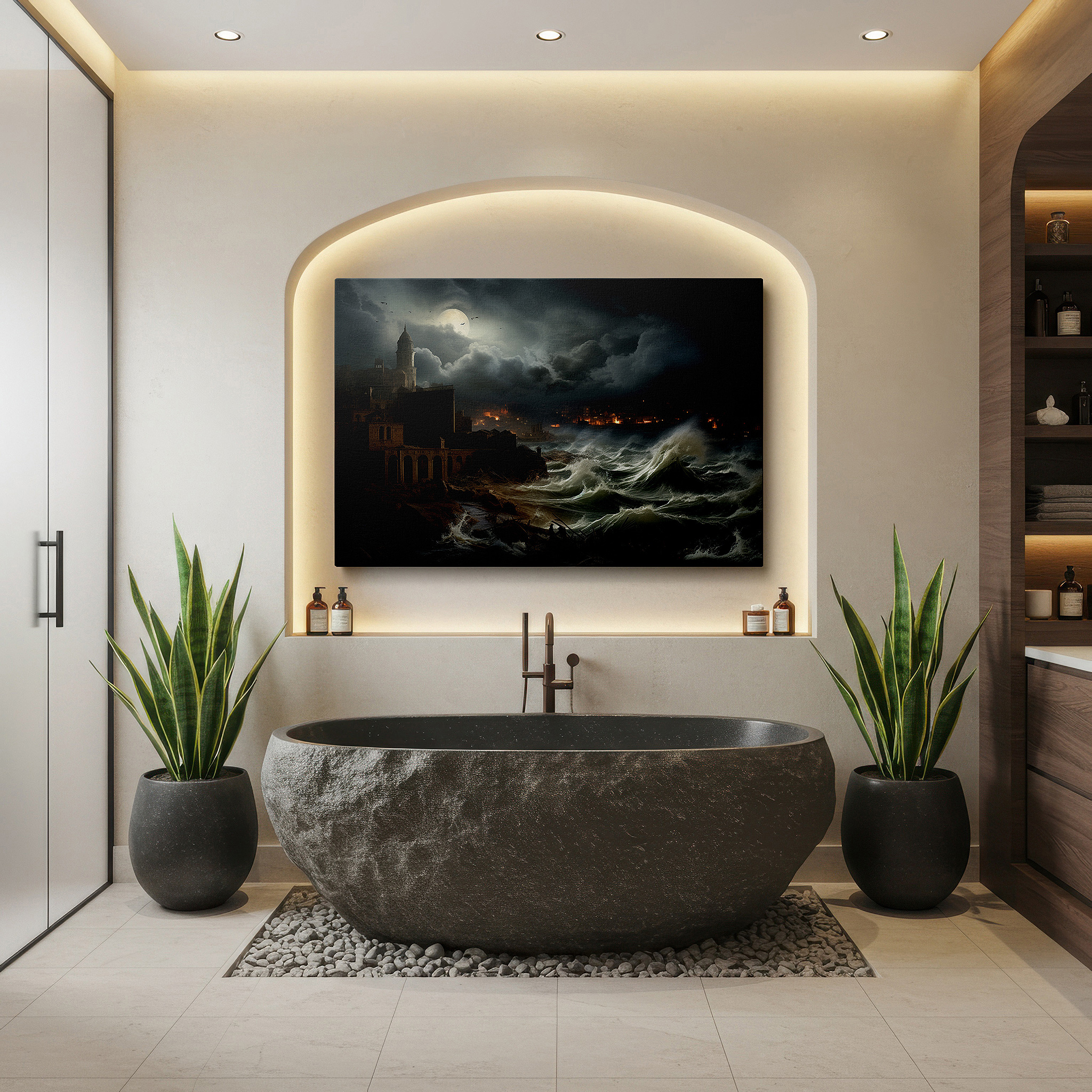 Balanced between two tall indoor plants near a window — storm-damaged coastal scene and human vulnerability large wall art, canvas wall art, wall decor, office wall art, bedroom wall art
