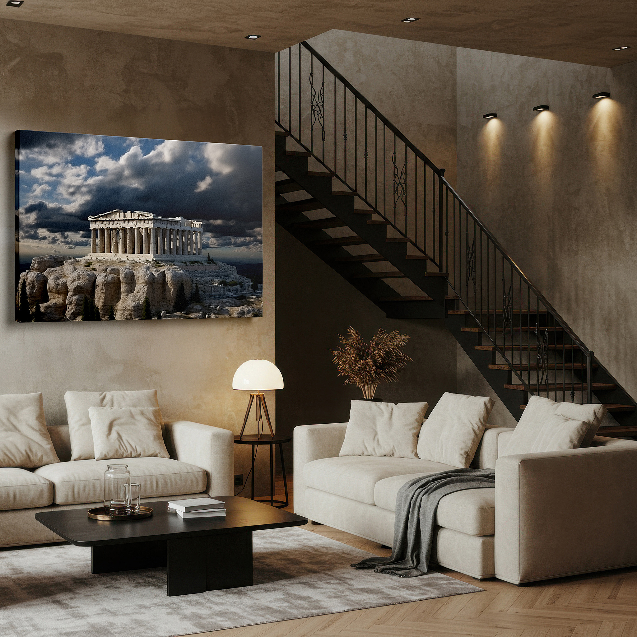 Balanced between two tall indoor plants near a window — stormy skies and rugged terrain featuring majestic greek temple large canvas wall art for office, bedroom, and living room decor