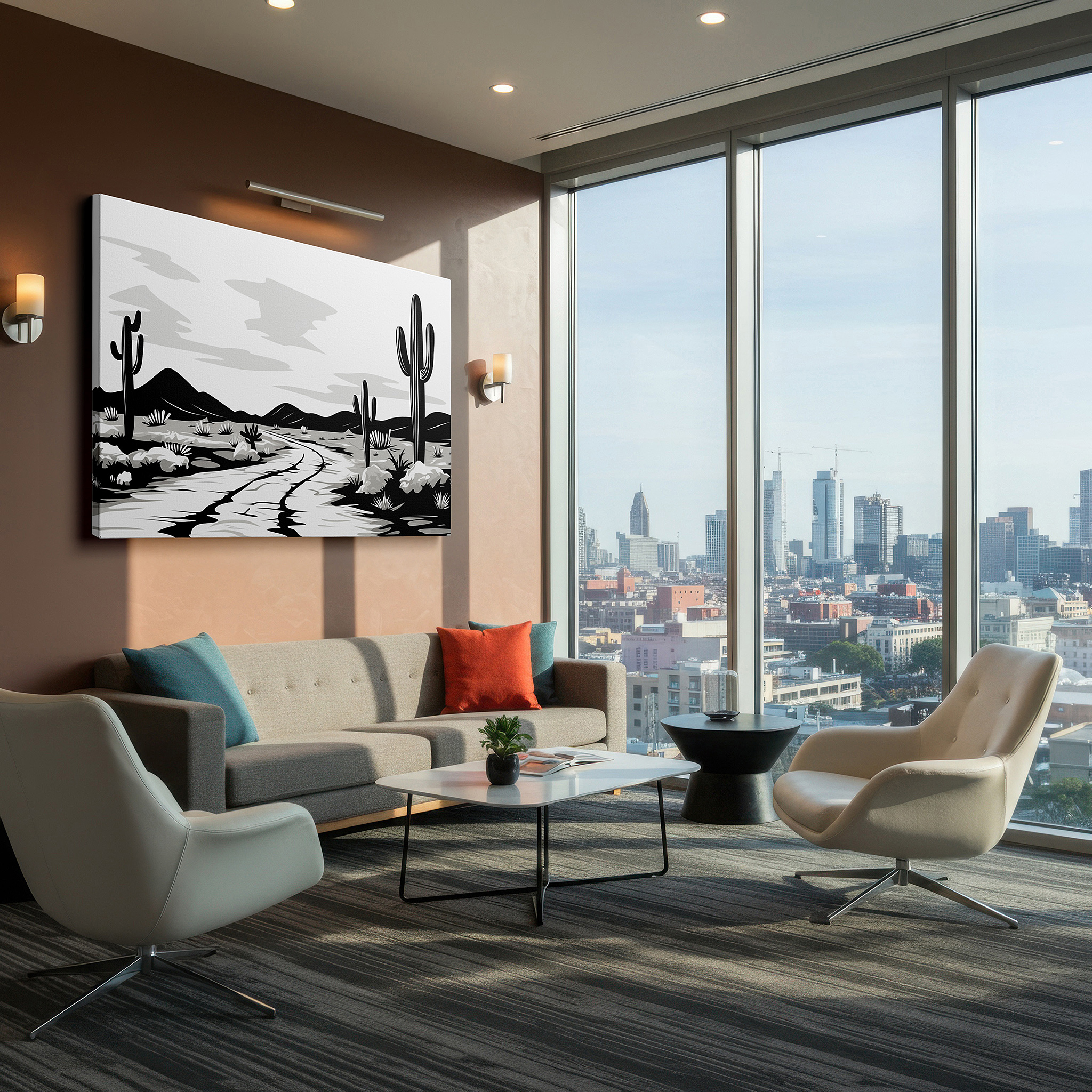 Balanced between two tall indoor plants near a window — stunning black and white desert landscape wall art featuring cacti and cracked terrain under a radiant sky, large canvas wall art