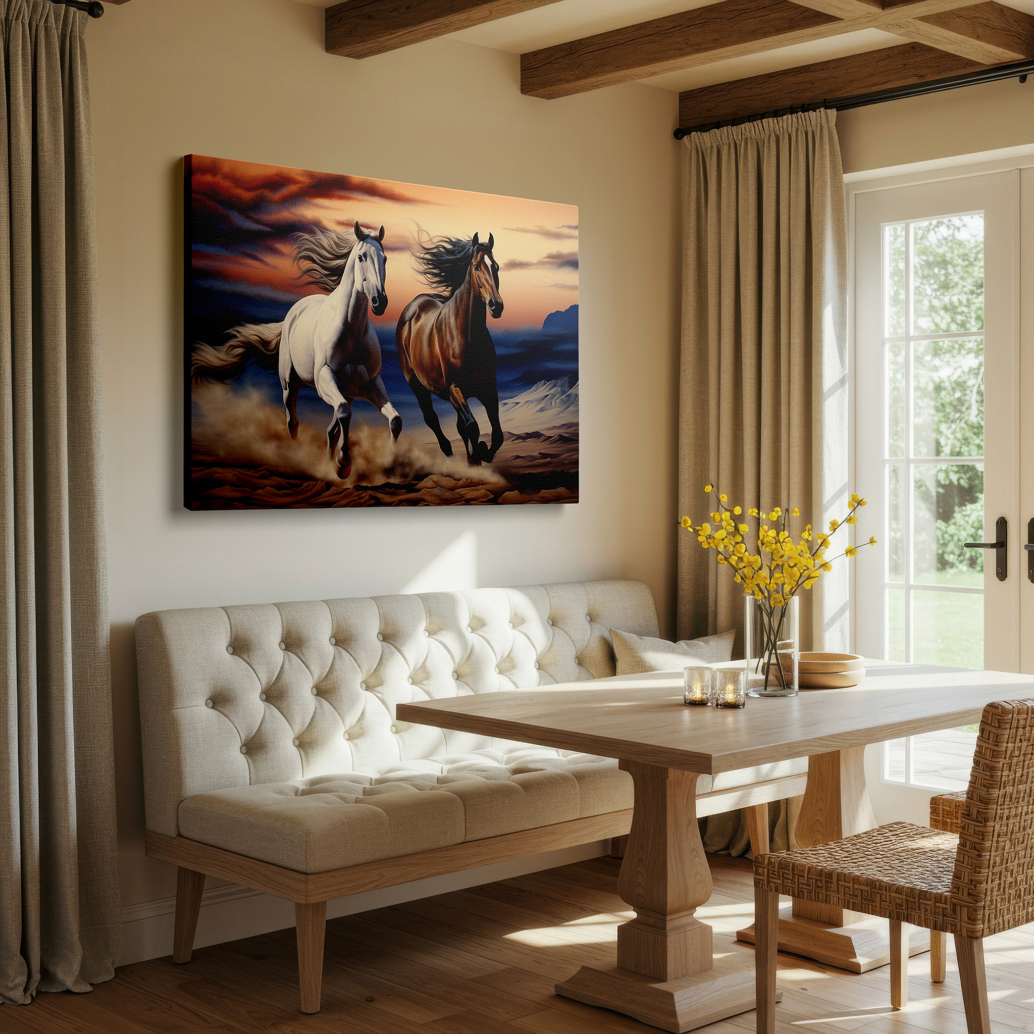 Balanced between two tall indoor plants near a window — stunning large wall art of horses galloping in a desert at sunset, symbolizing freedom and the beauty of nature, perfect for office wall decor