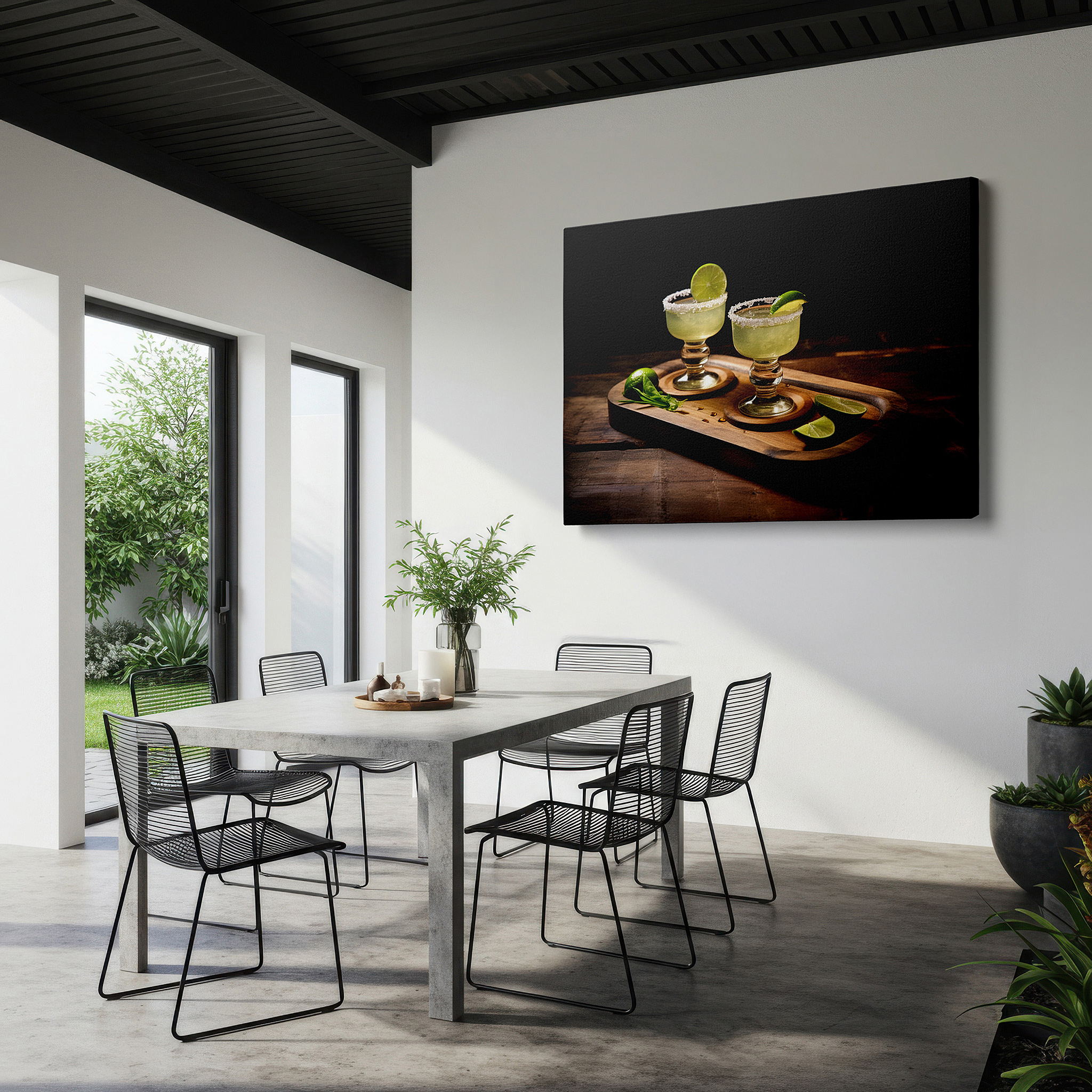 Balanced between two tall indoor plants near a window — summer celebration cocktails on a rustic tray - vibrant social joy large wall art, canvas wall art, wall decor for office and bedroom