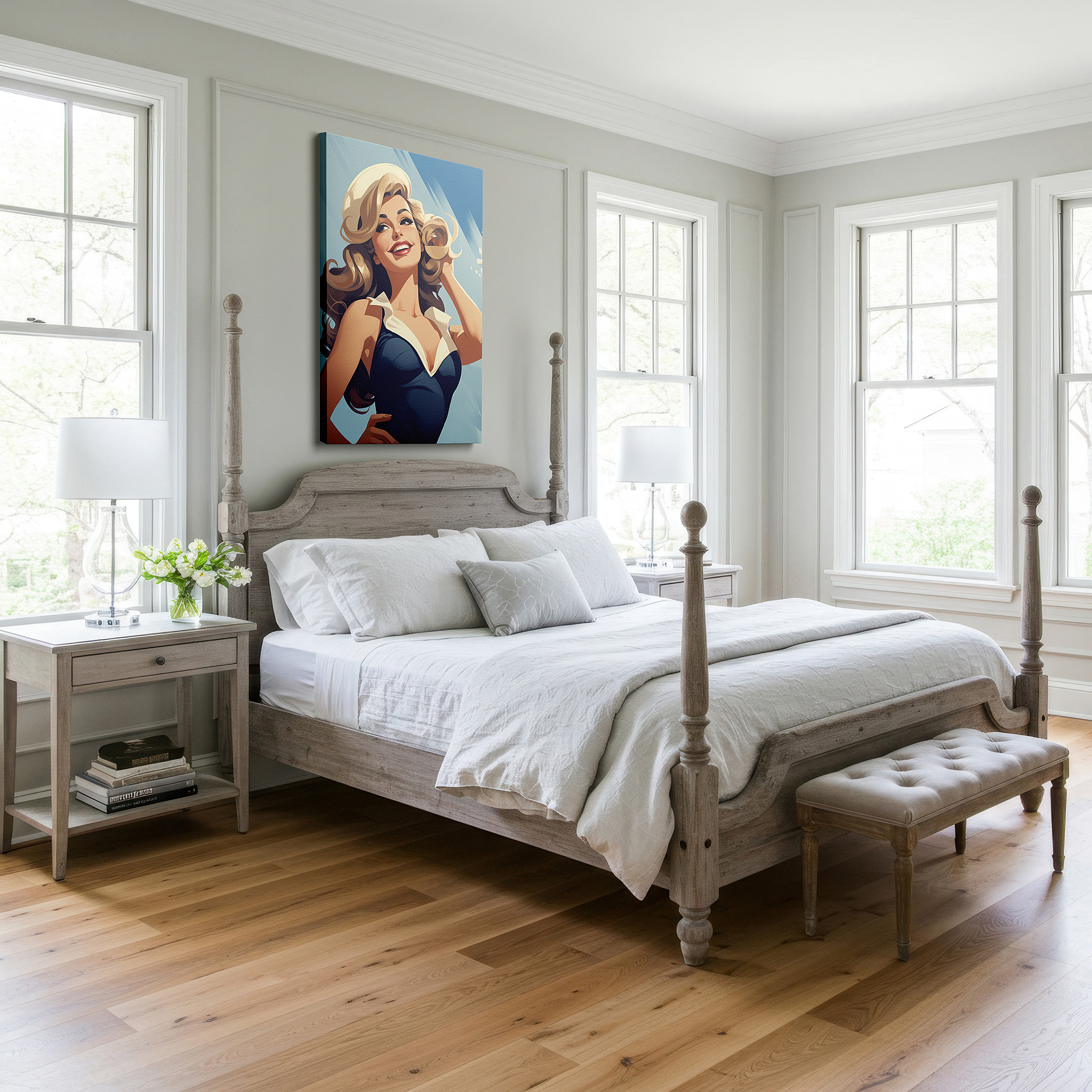 Balanced between two tall indoor plants near a window — summer glamour by the sea: radiant retro-style woman large wall art, canvas decor for office and bedroom