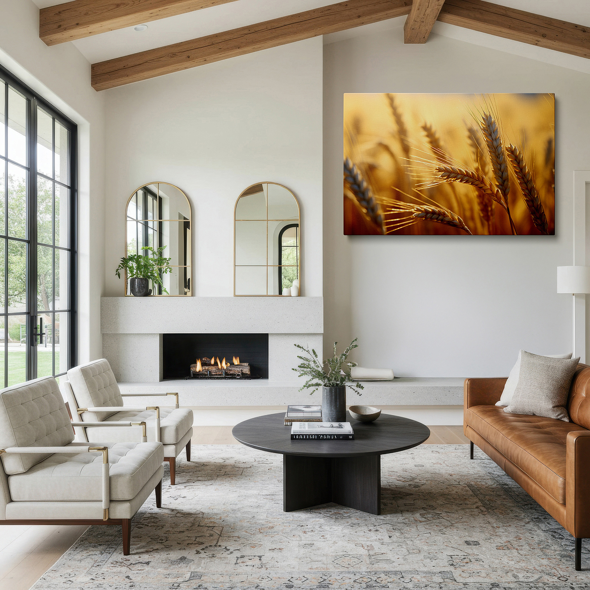 Balanced between two tall indoor plants near a window — sunlit golden wheat spike: a symbol of growth and warmth - large wall art, canvas wall art, wall decor for office and bedroom