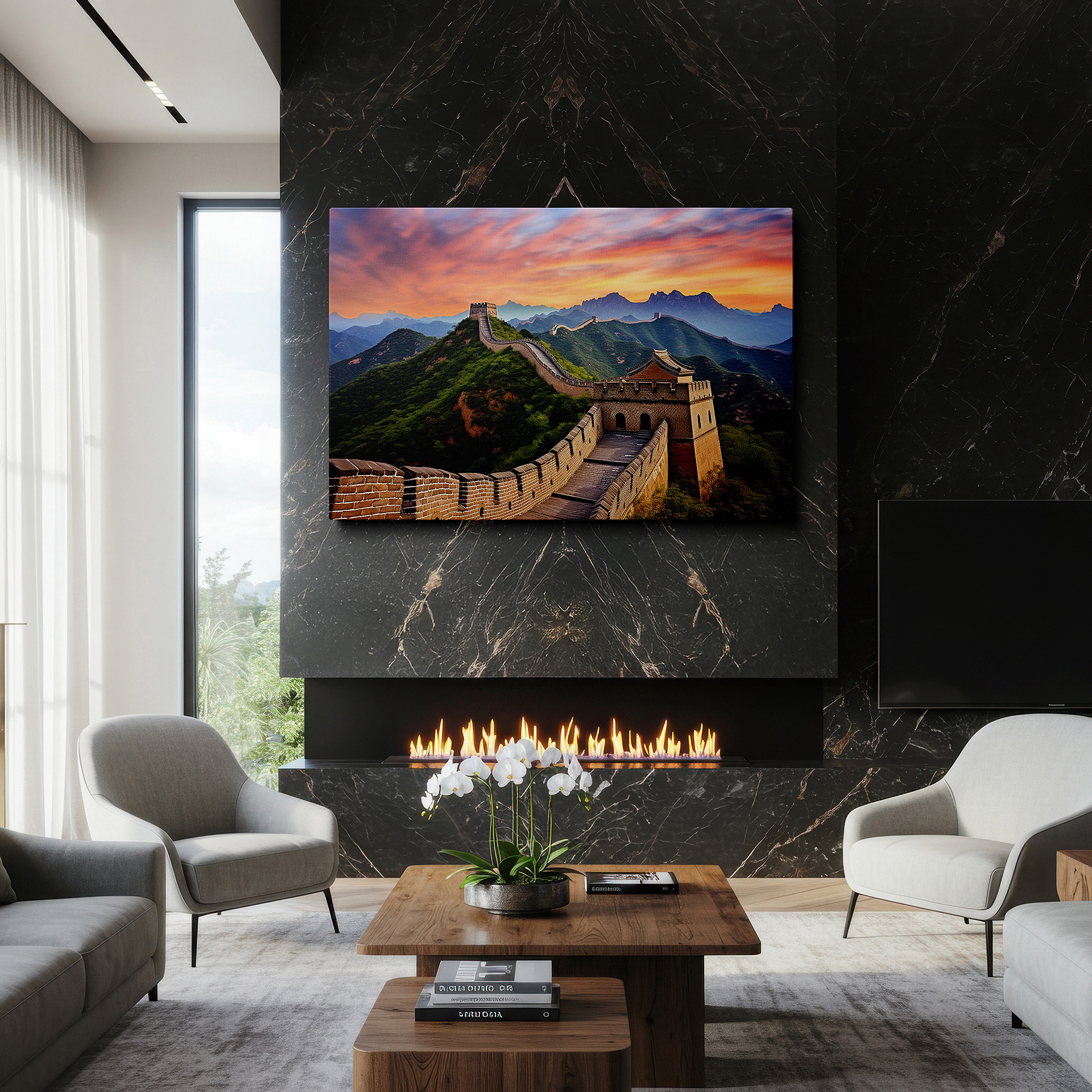 Balanced between two tall indoor plants near a window — sunrise at the great wall of china - celebrating durability and architectural magnificence, large canvas wall art for home decor