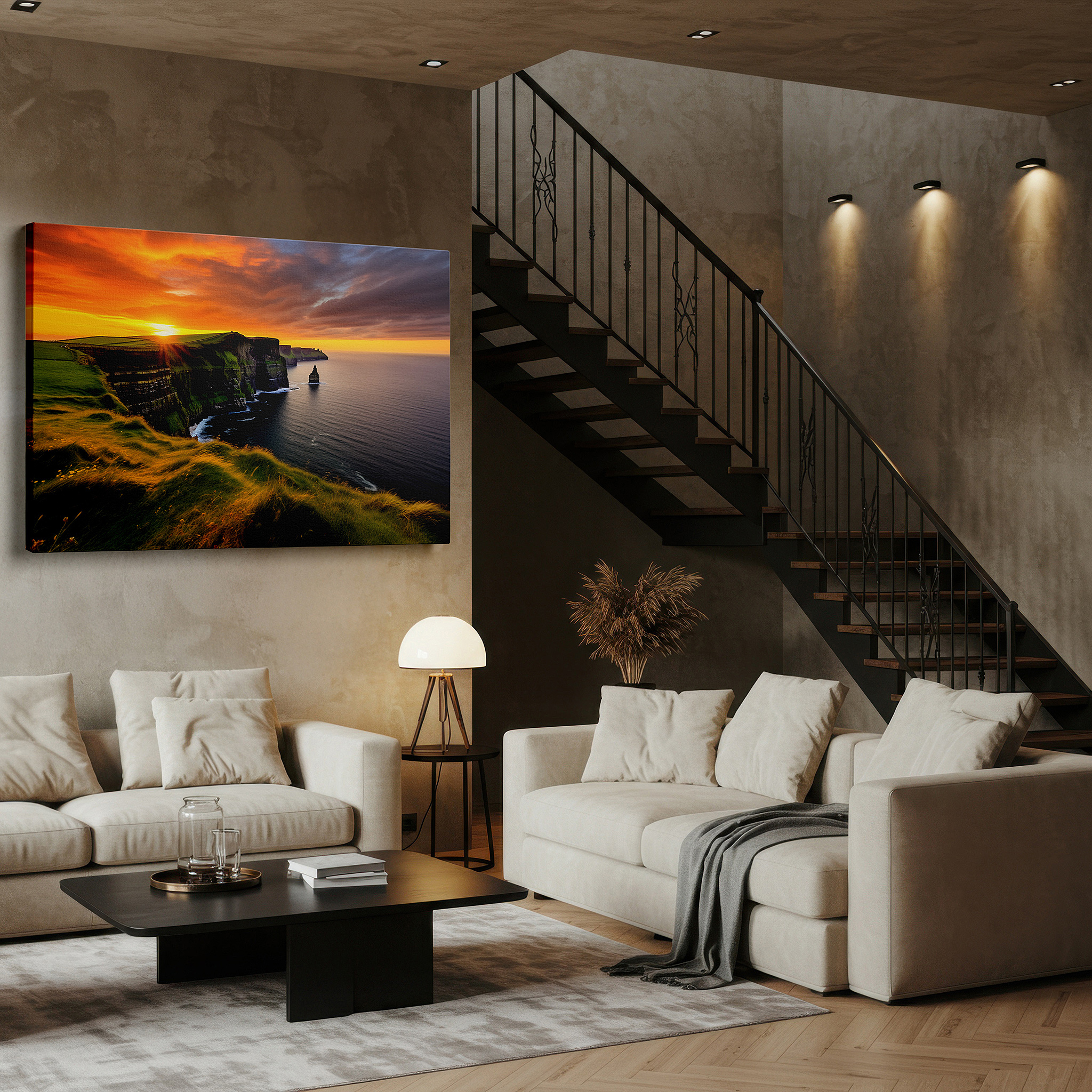 Balanced between two tall indoor plants near a window — sunset at the majestic cliffs of moher overlooking the atlantic - large canvas wall art for office and bedroom decor