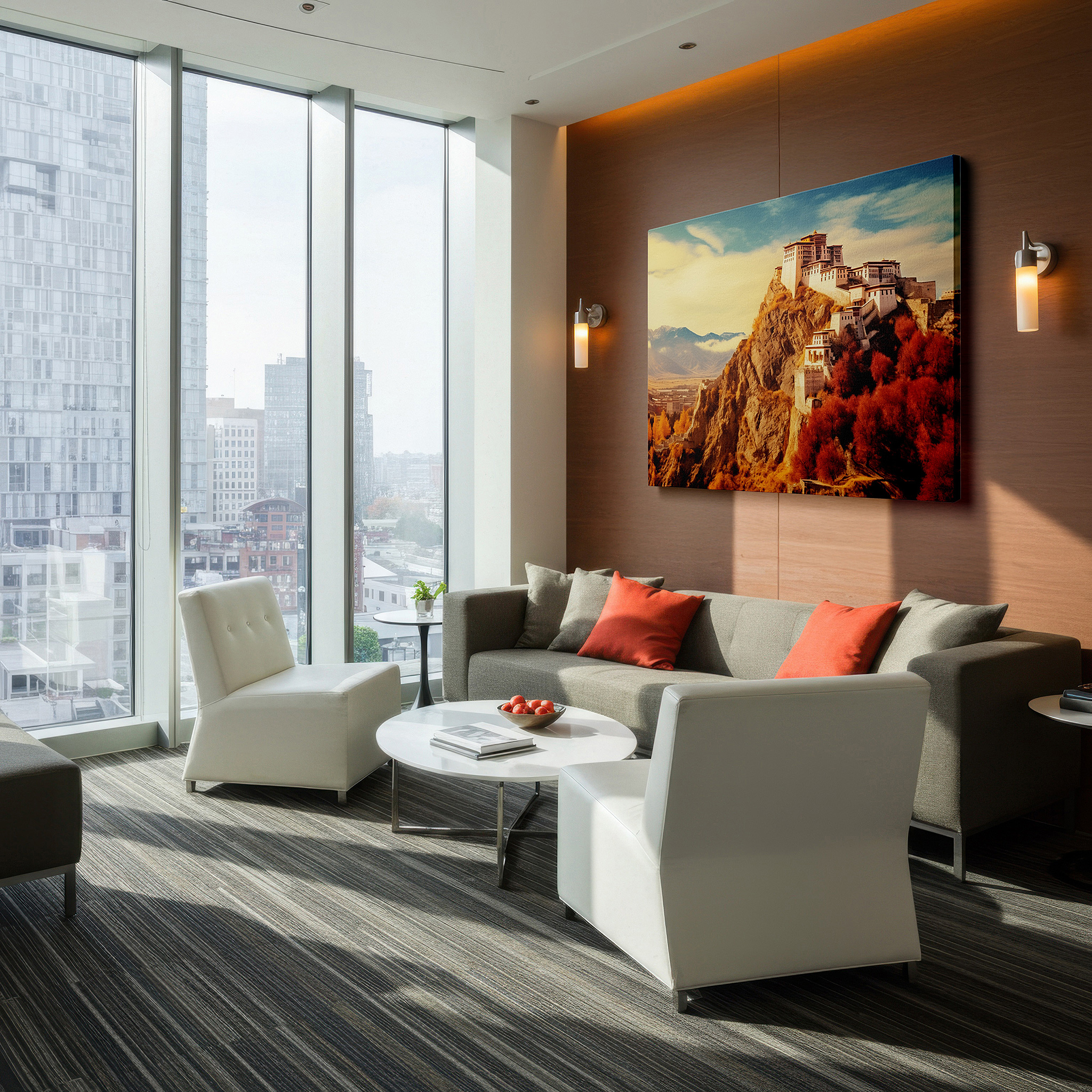 Balanced between two tall indoor plants near a window — tibetan monastery in autumn splendor wall art: a sanctuary of enlightenment and tranquility - large canvas wall decor for office