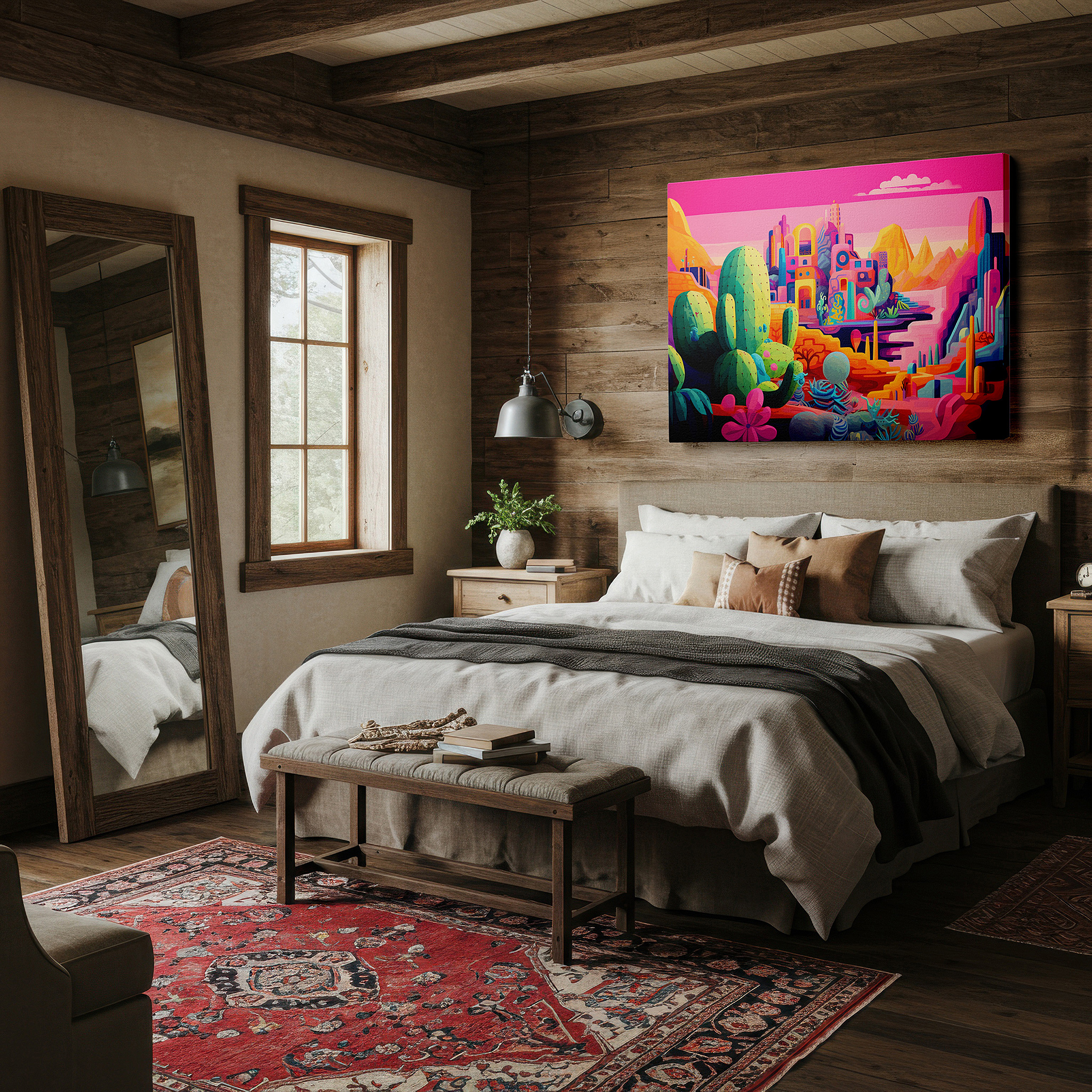 Balanced between two tall indoor plants near a window — towering cacti and fiery skies in the vast desert landscape: large canvas wall art for office and bedroom decor