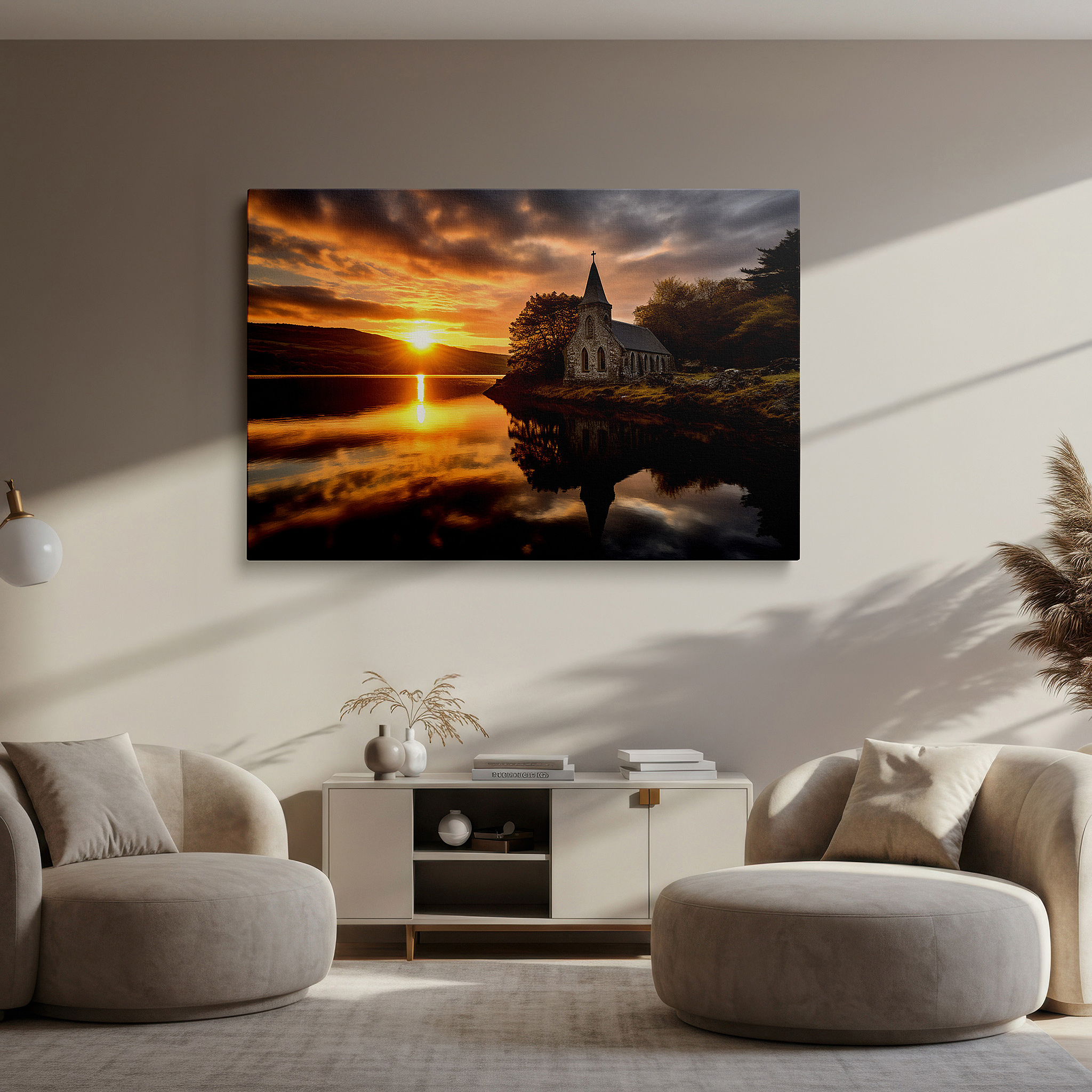 Balanced between two tall indoor plants near a window — tranquil church by the lake at sunset: large canvas wall art depicting serene natural beauty - ideal for office and bedroom decor