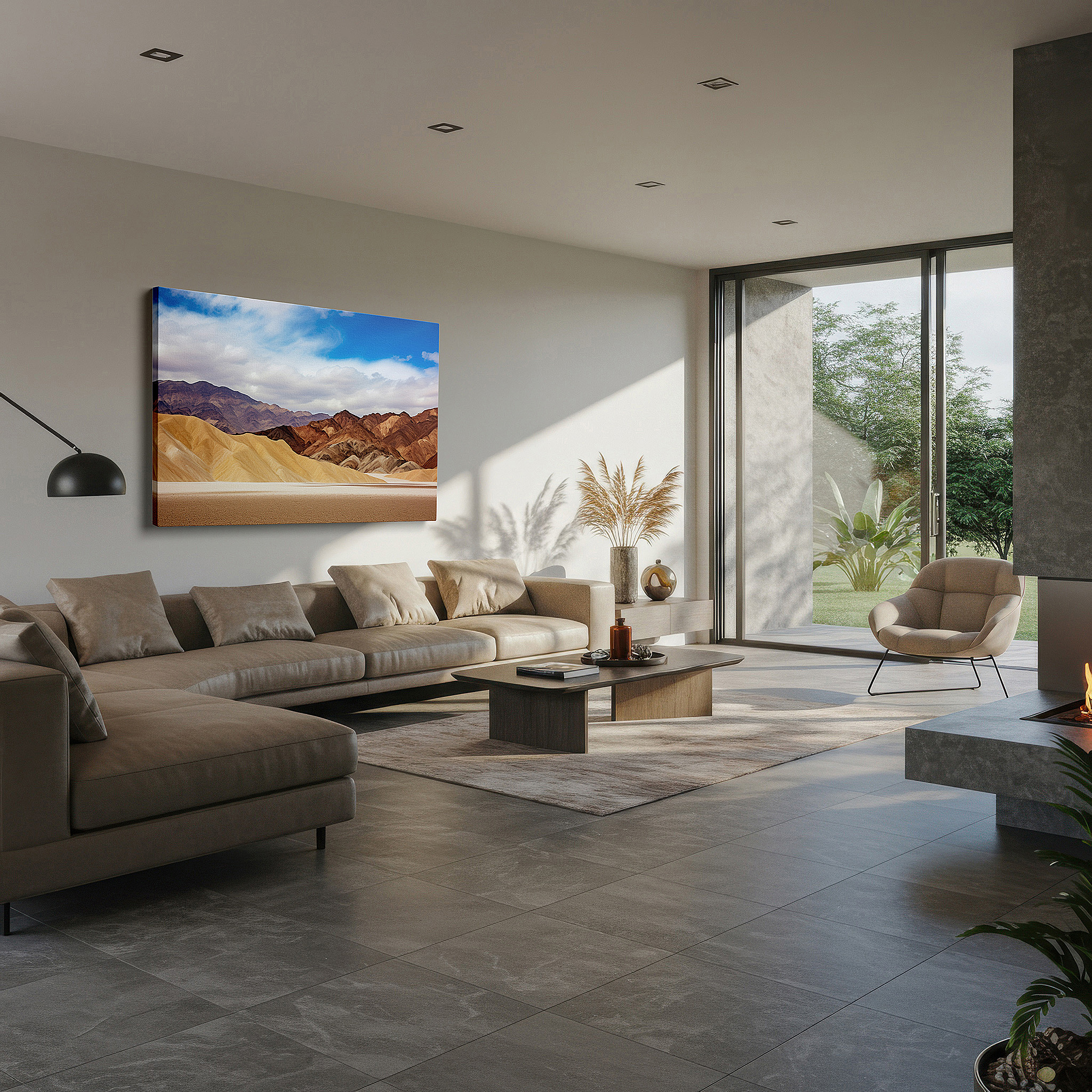 Balanced between two tall indoor plants near a window — tranquil desert mountains large canvas wall art, ethereal landscape office decor