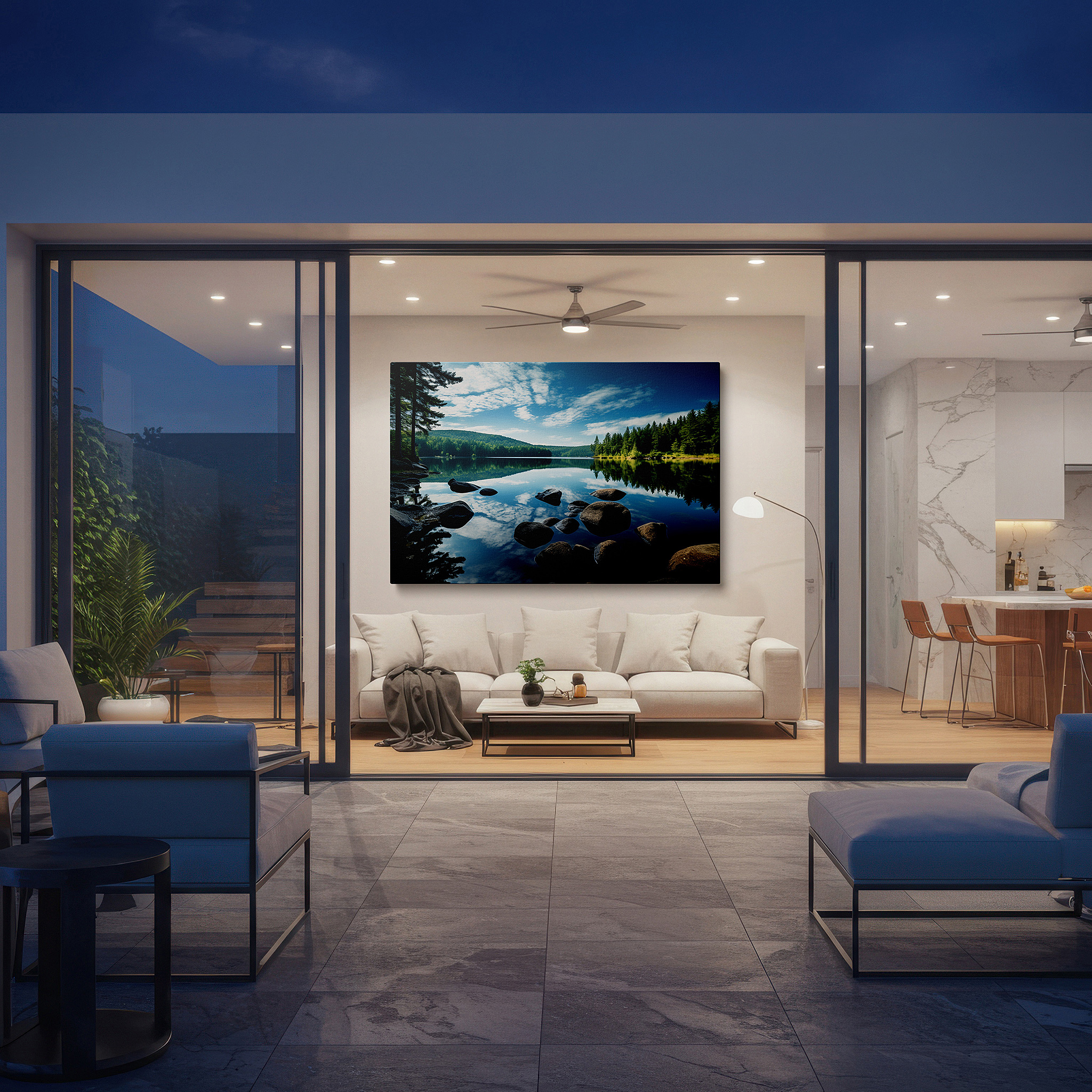 Balanced between two tall indoor plants near a window — tranquil lake reflections with lush greenery and smooth dark rocks large wall art, canvas wall art, wall decor for office and bedroom