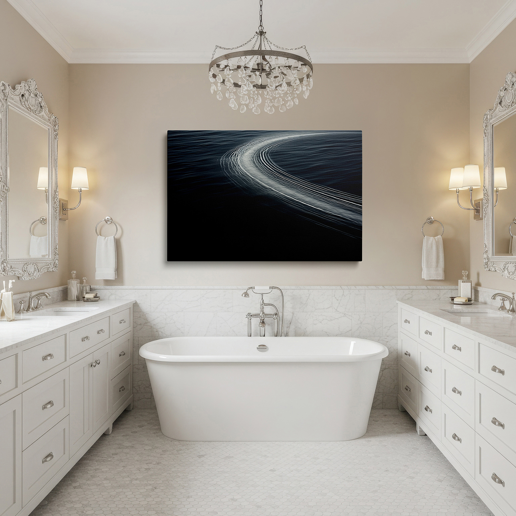 Balanced between two tall indoor plants near a window — tranquil waters: a serene journey - graceful reflections large canvas wall art for office and bedroom decor
