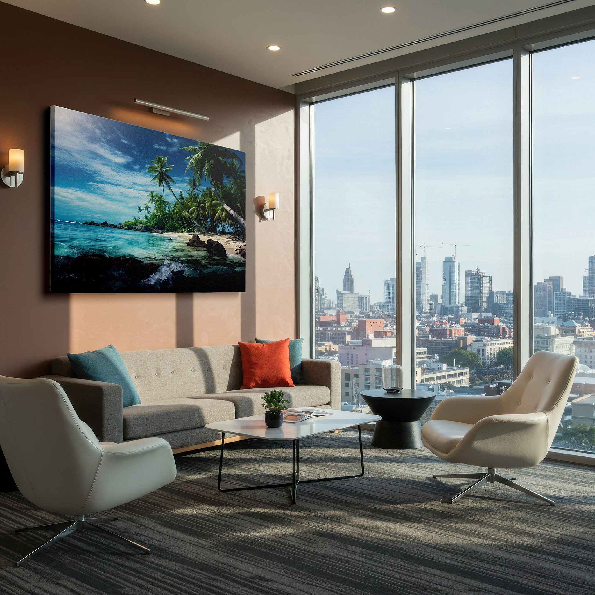Balanced between two tall indoor plants near a window — tropical paradise wall art featuring crystal-clear waters and lush palms - large canvas for office, bedroom, and living room decor