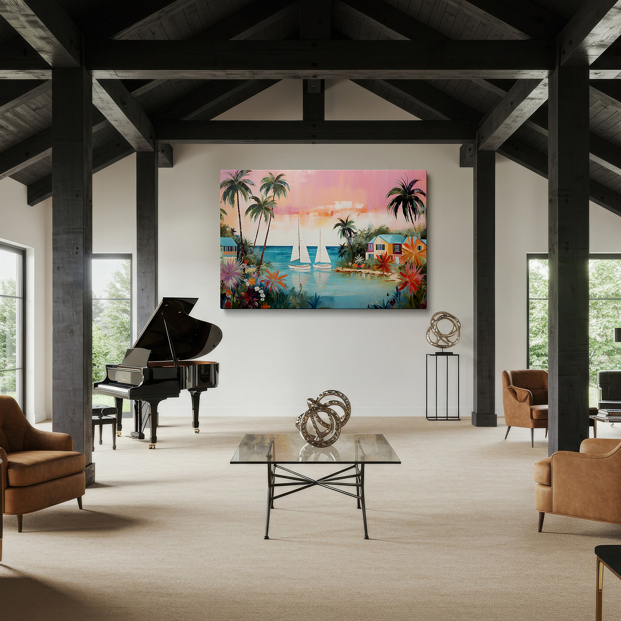 Balanced between two tall indoor plants near a window — tropical seascape sunset and sailboats wall art: large canvas for serene and adventurous decor, ideal for office and bedroom