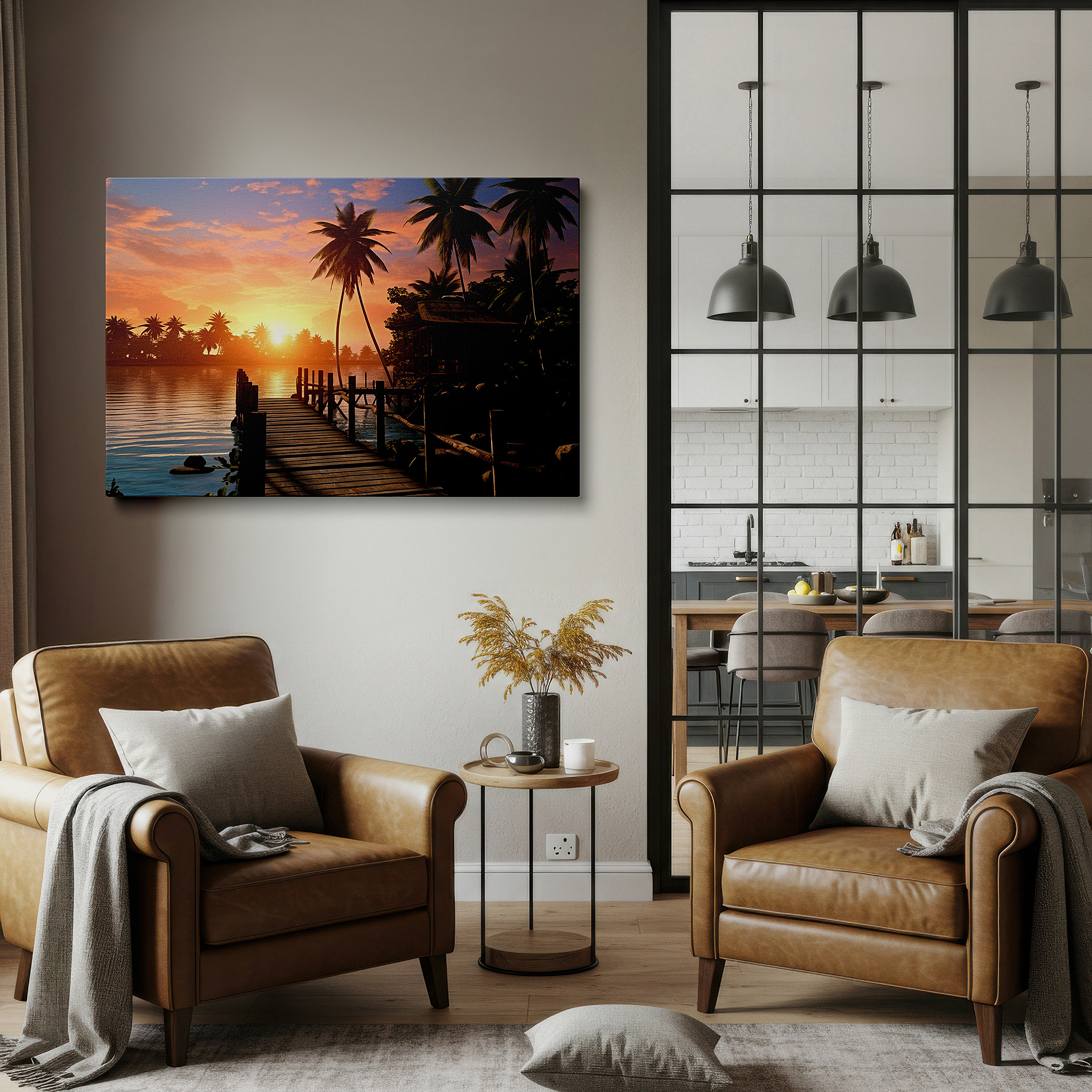 Balanced between two tall indoor plants near a window — tropical sunset paradise with rustic dock and reflective waters - large canvas wall art for office, bedroom, and living room decor