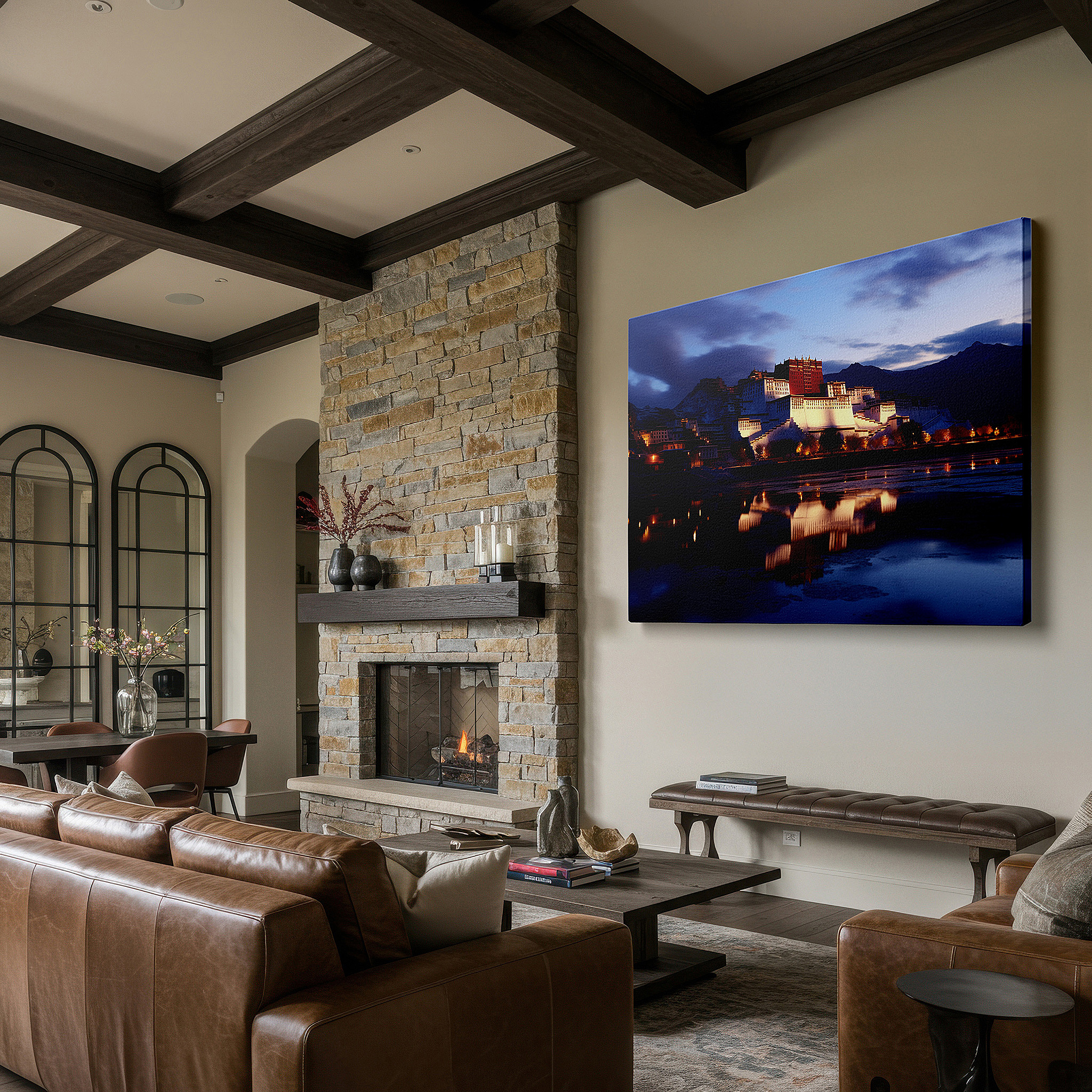 Balanced between two tall indoor plants near a window — twilight embrace of ancient grandeur - mystical blend of history and nature large wall art, canvas wall art, wall decor for office and bedroom
