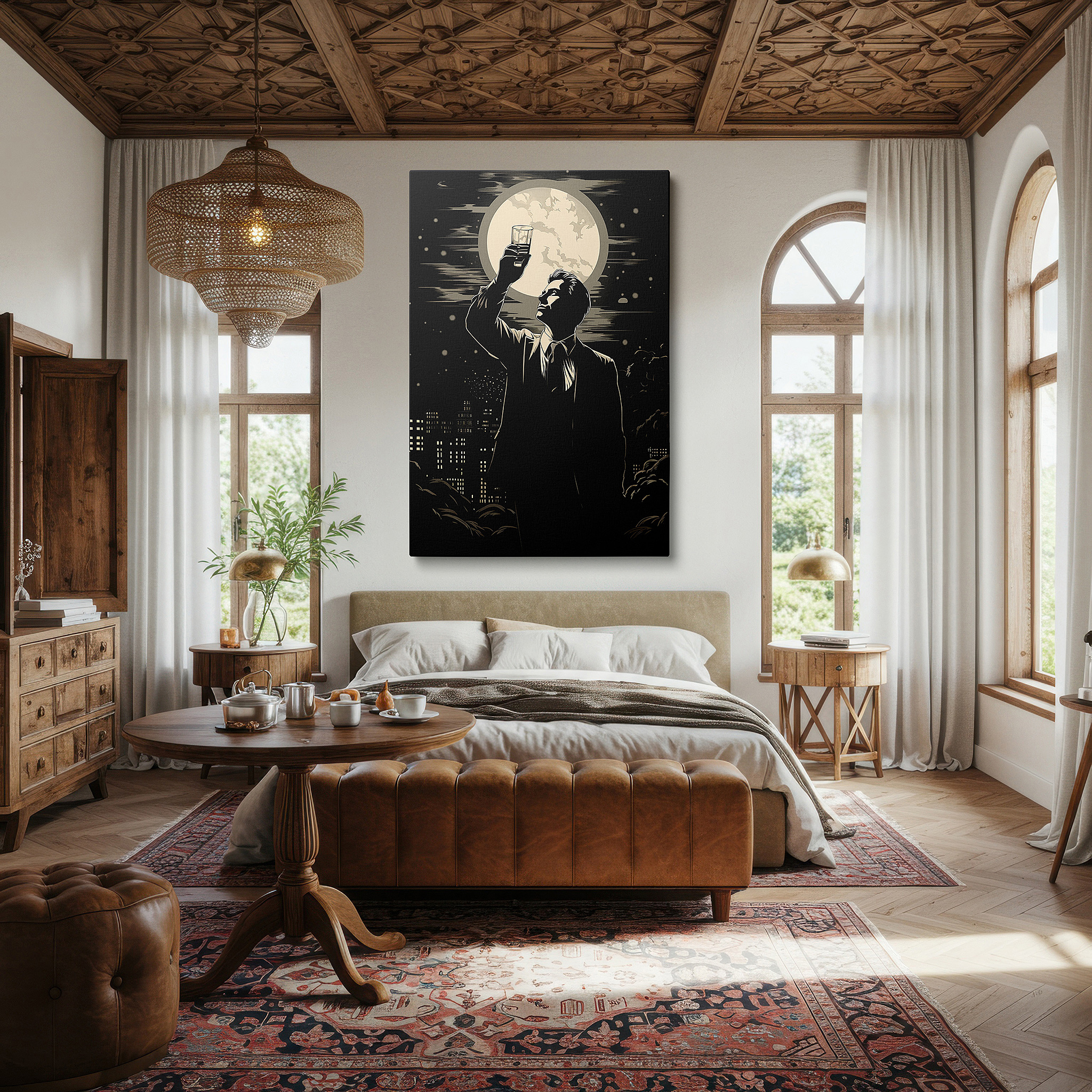 Balanced between two tall indoor plants near a window — urban solitude: contemplative man silhouette against city nightlife - large canvas wall art for office and bedroom decor