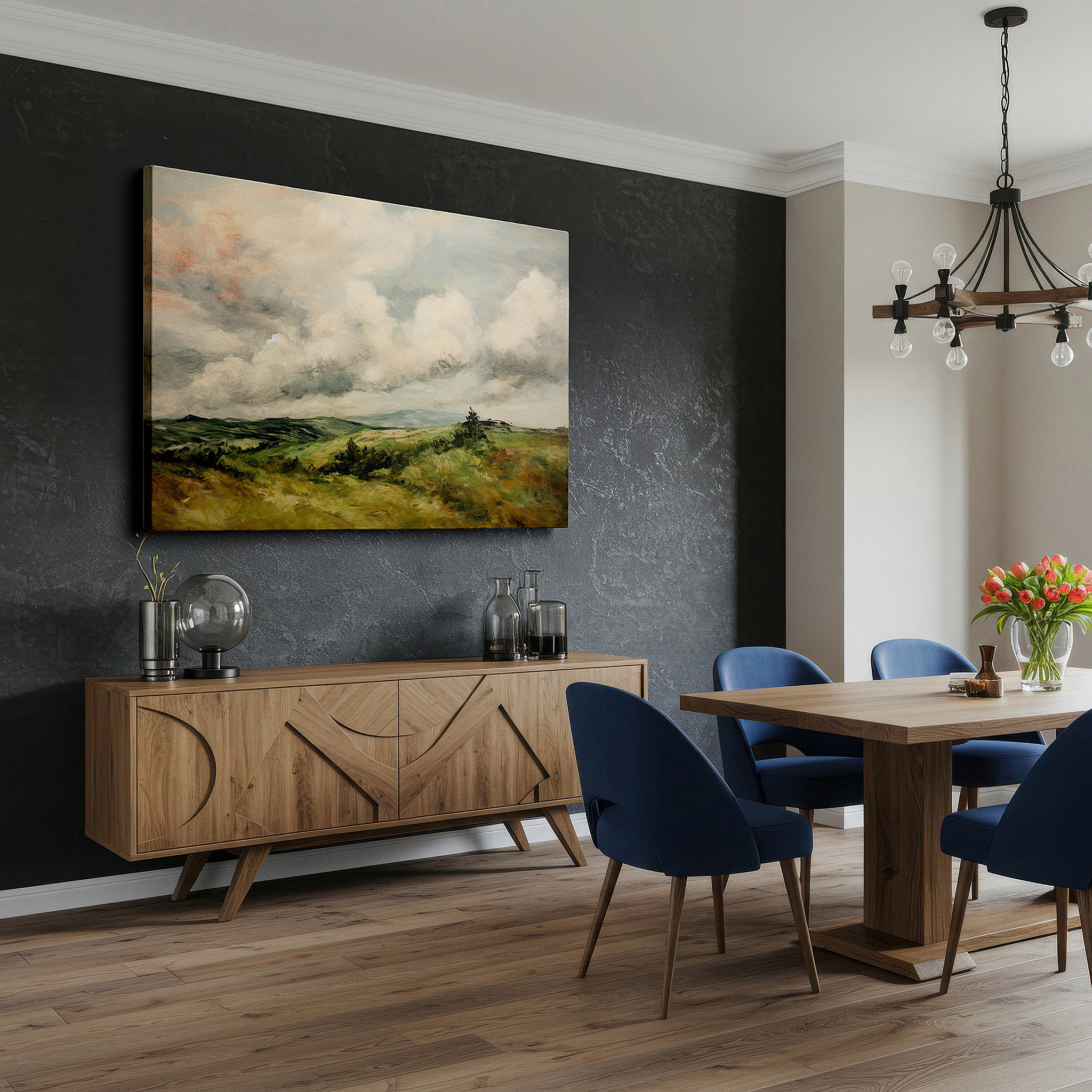 Balanced between two tall indoor plants near a window — verdant hills and dynamic skies: a harmonious display of nature's splendor - large wall art, canvas wall art, wall decor for office