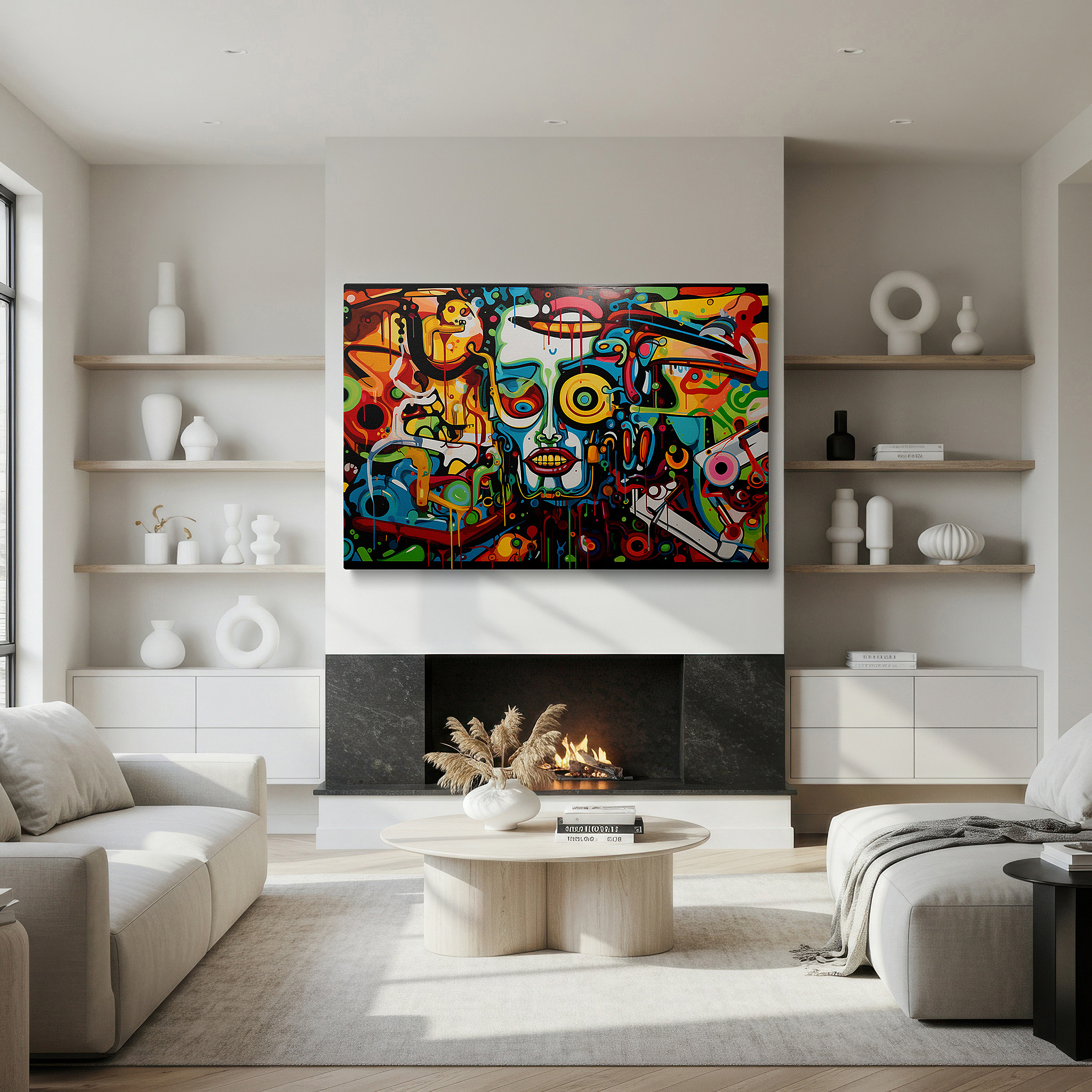 Balanced between two tall indoor plants near a window — vibrant abstract symphony wall art featuring dynamic swirls and stylized faces - large canvas art for home and office decor