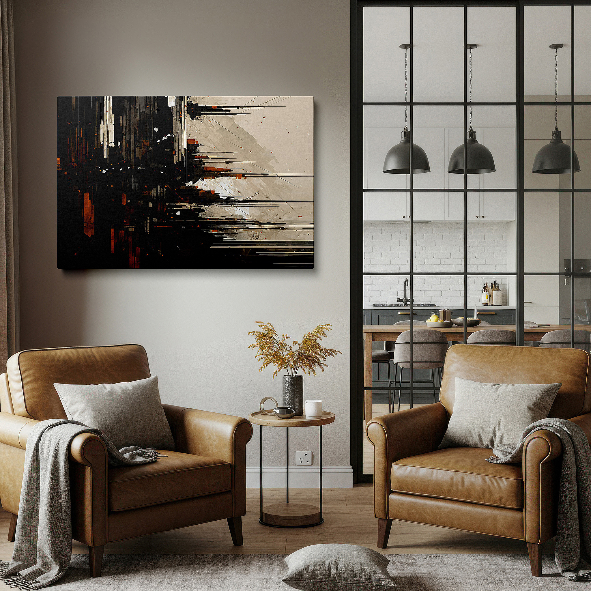Balanced between two tall indoor plants near a window — vibrant orange and black abstract cityscape, embodying urban vigor and the enigma of the night - large canvas wall art for home and office decor