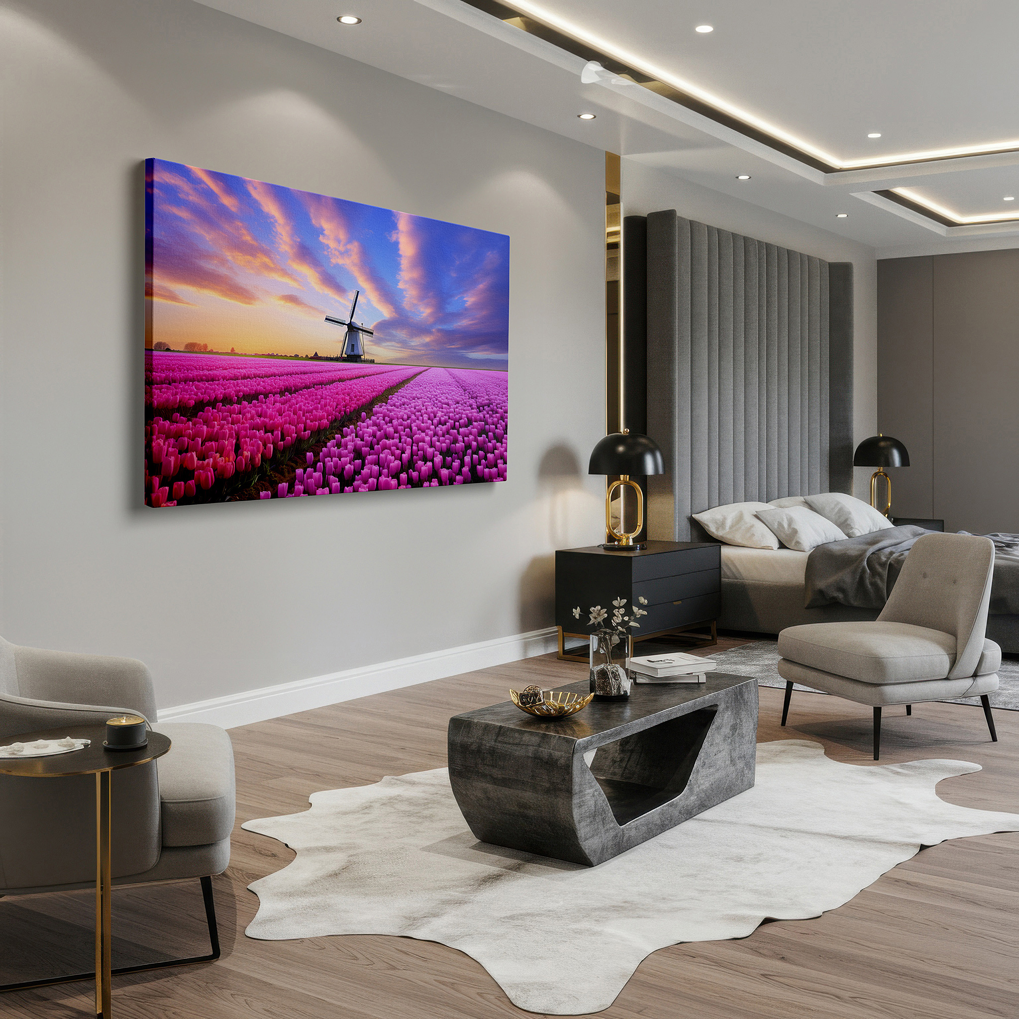 Balanced between two tall indoor plants near a window — vibrant tulip fields and classic windmill beneath a dramatic sky: large canvas wall art for office, bedroom, and living room decor