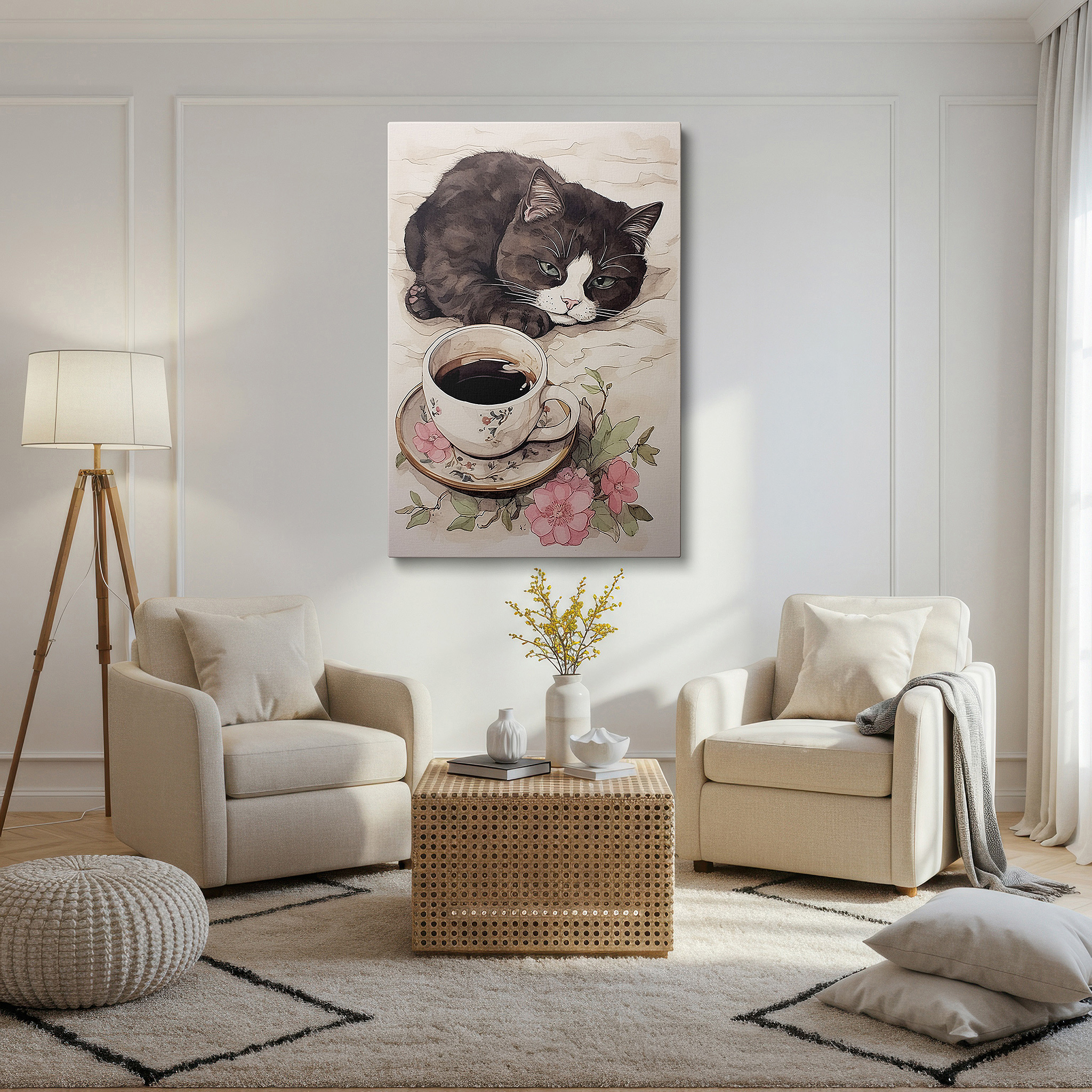 Balanced between two tall indoor plants near a window — wall art: peaceful apathy featuring a cat and flower-adorned coffee cup, tranquil haven large canvas art, home and office decor for living room and bedroom