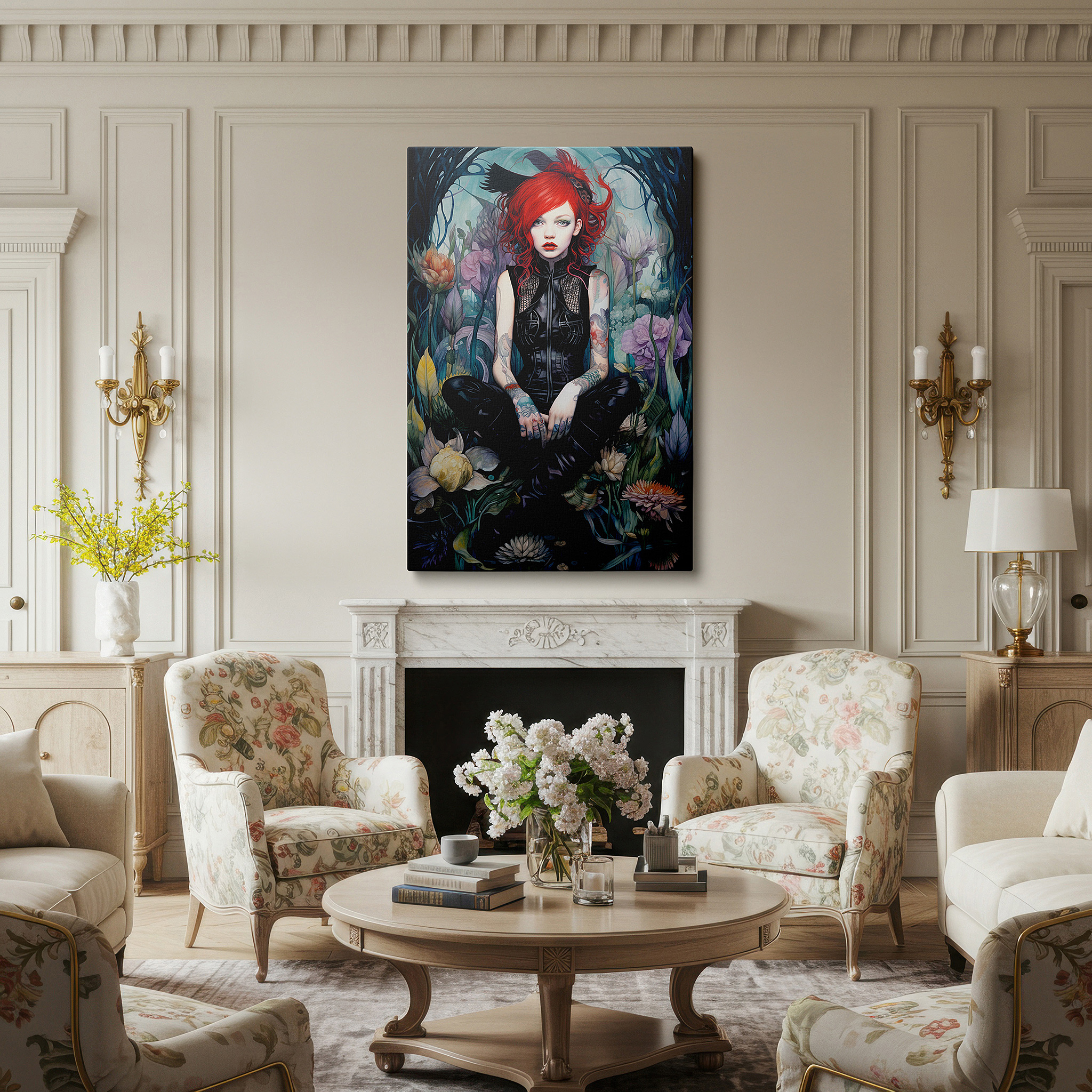 Balanced between two tall indoor plants near a window — wall art: "serene strength in nature's embrace" - a vivid display of individuality and harmony. large canvas wall art for home and office decor.