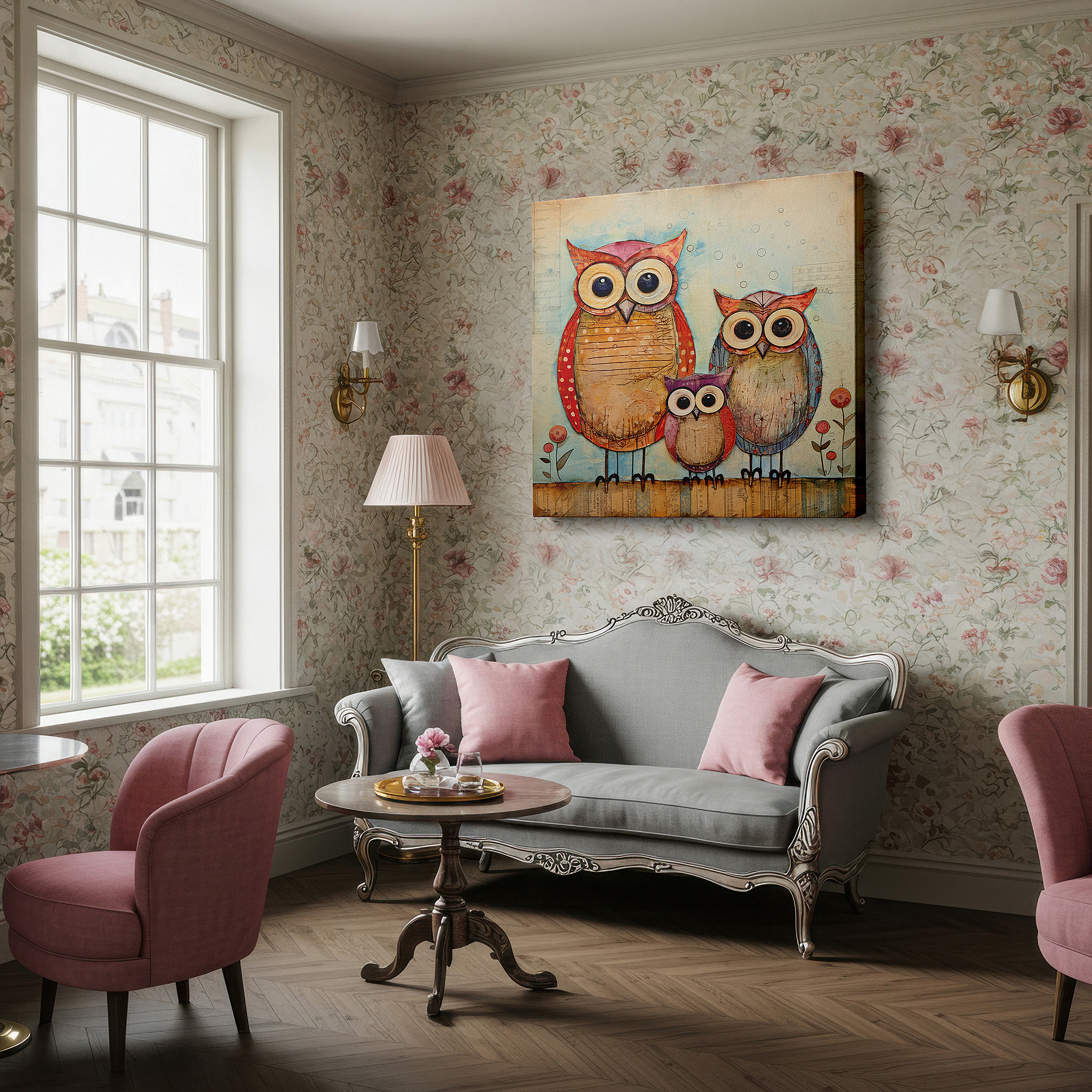Balanced between two tall indoor plants near a window — wall decor: charming set of three pastel owls, large canvas art perfect for adding creativity and warmth to any room, ideal for office or bedroom decor