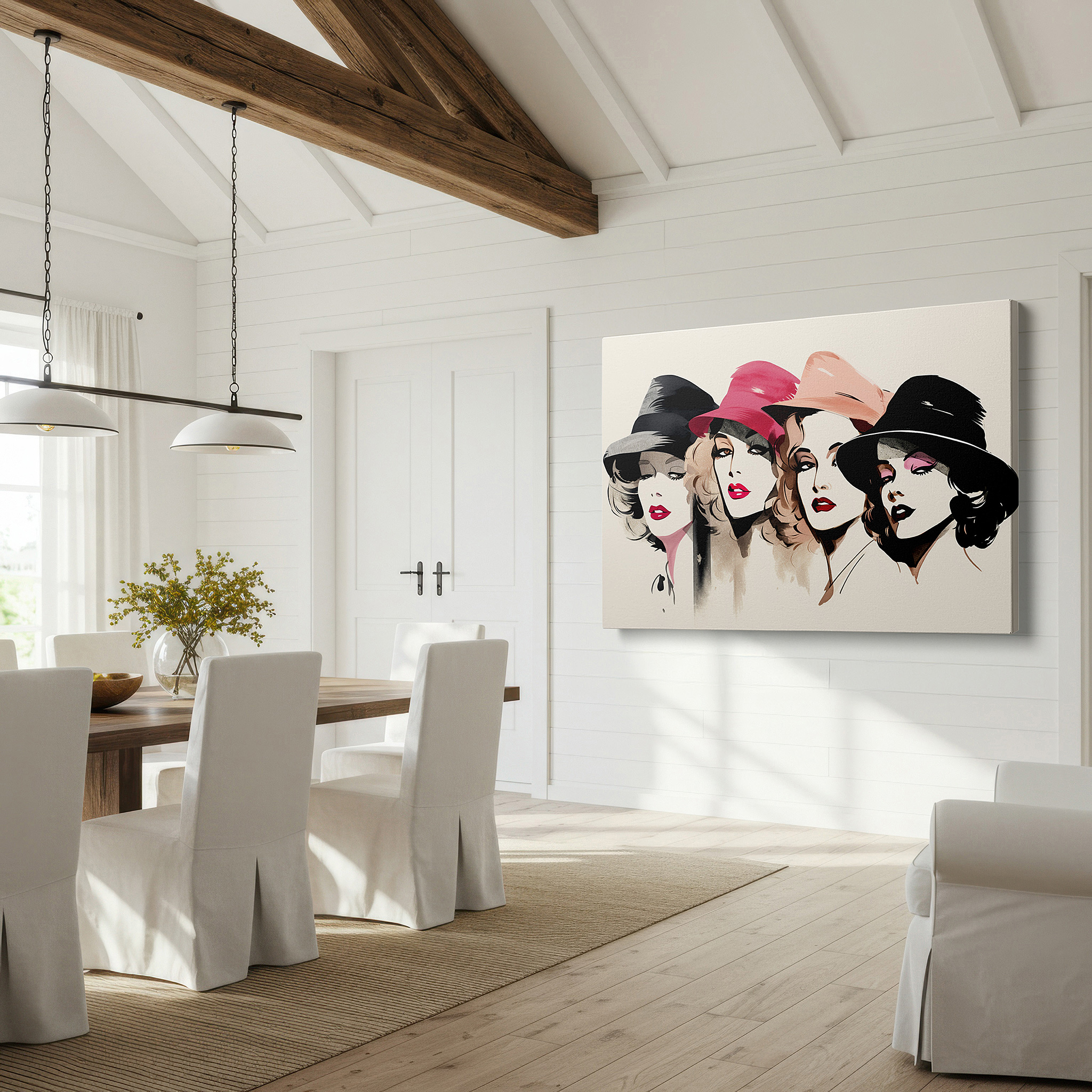 Balanced between two tall indoor plants near a window — wall decor: elegant early 20th century fashion with four women in unique hats - large canvas art for home and office