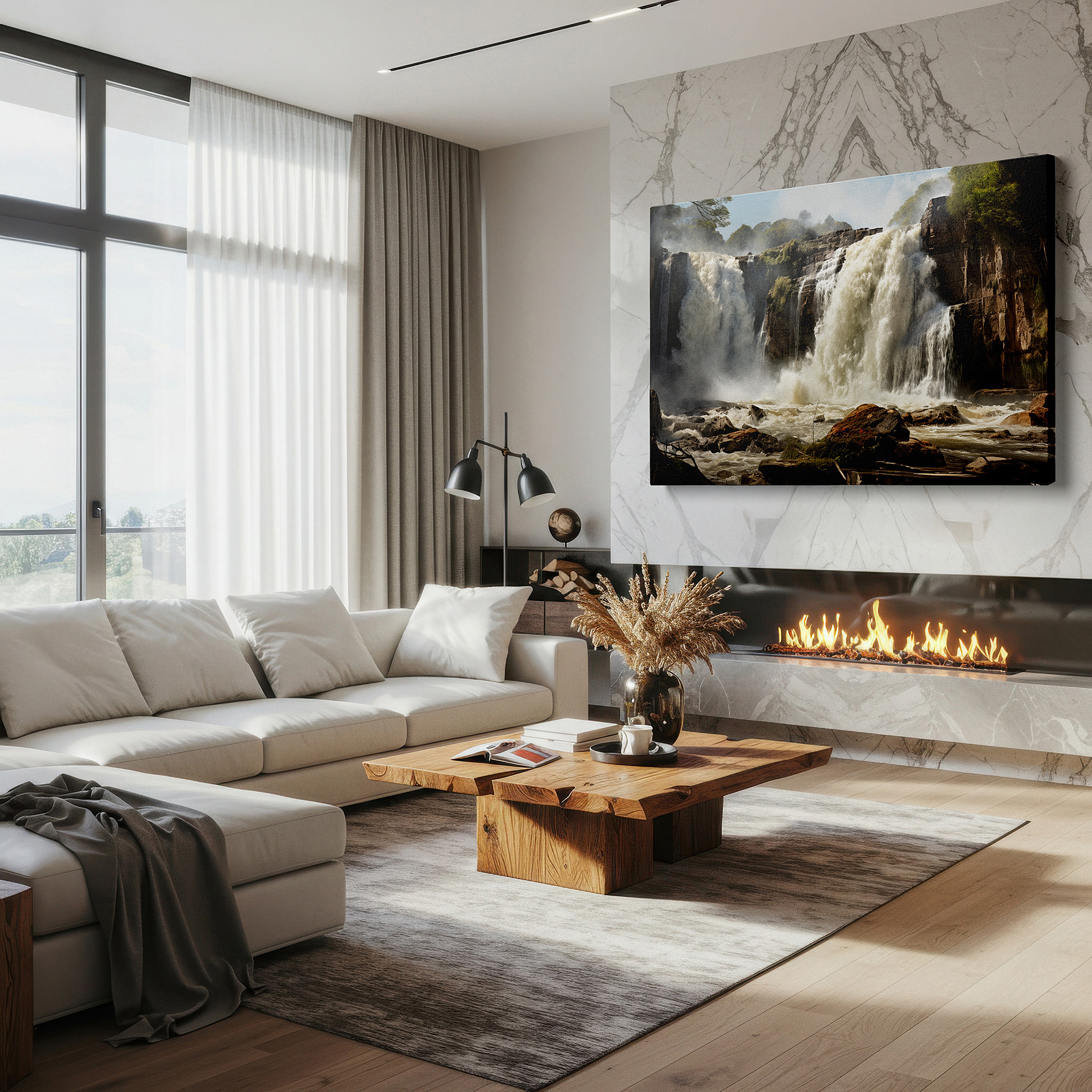 Balanced between two tall indoor plants near a window — waterfall cascade surrounded by verdant foliage, dynamic and peaceful nature landscape, large wall art, canvas wall art, wall decor for office and bedroom